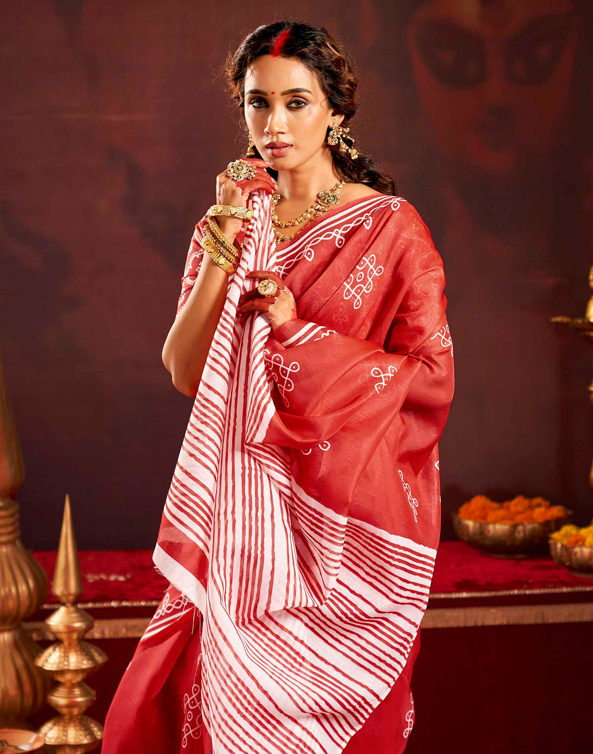 Durga Puja Red Cotton Motif Printed Saree