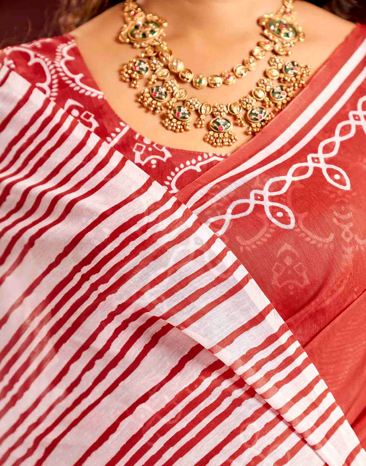 Durga Puja Red Cotton Motif Printed Saree