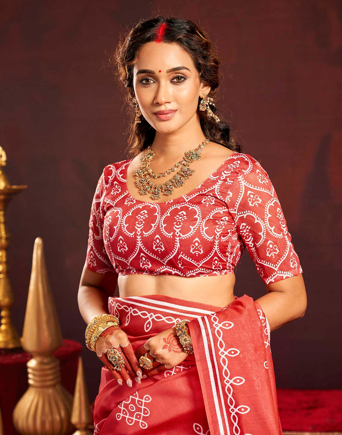 Durga Puja Red Cotton Motif Printed Saree