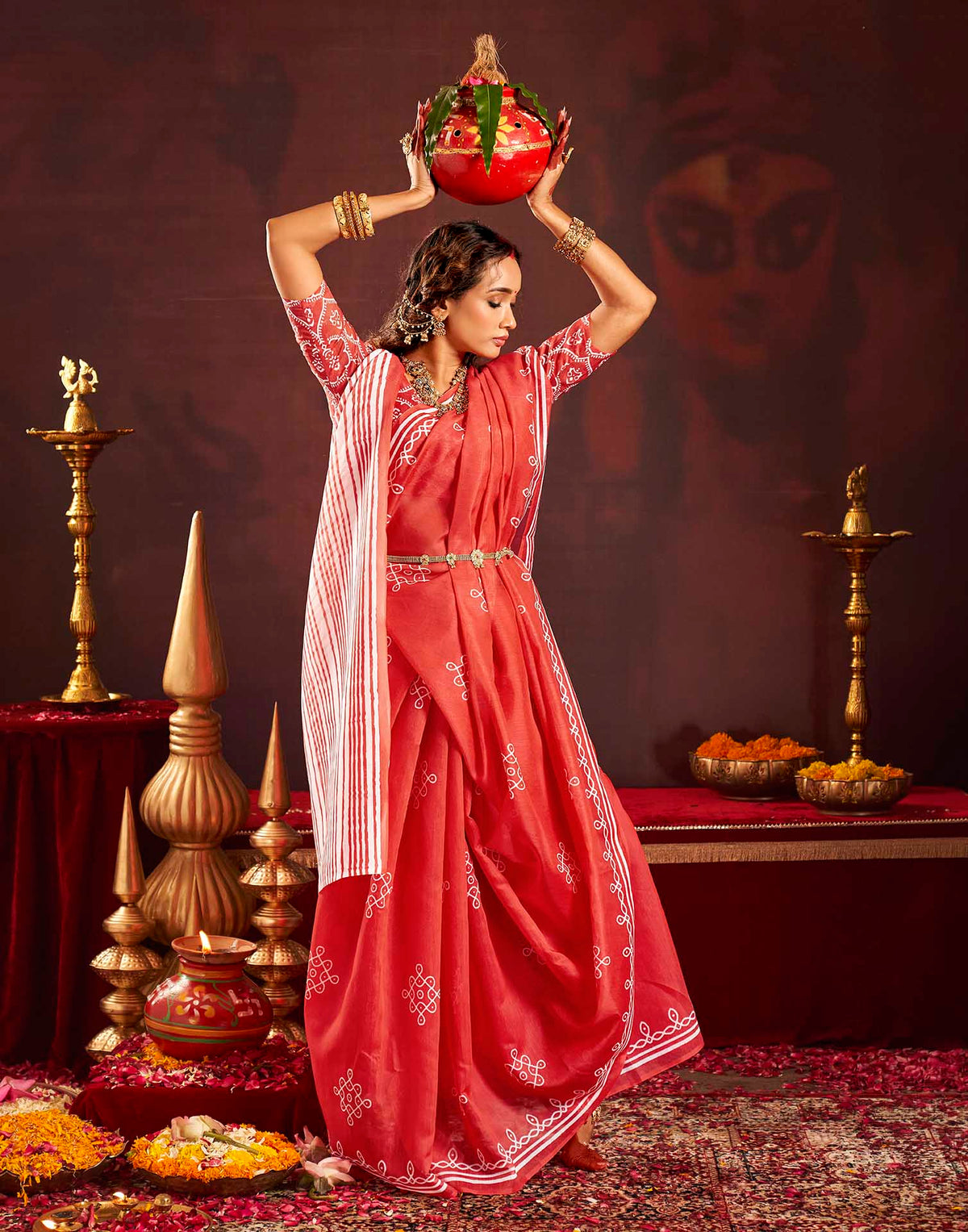 Durga Puja Red Cotton Motif Printed Saree