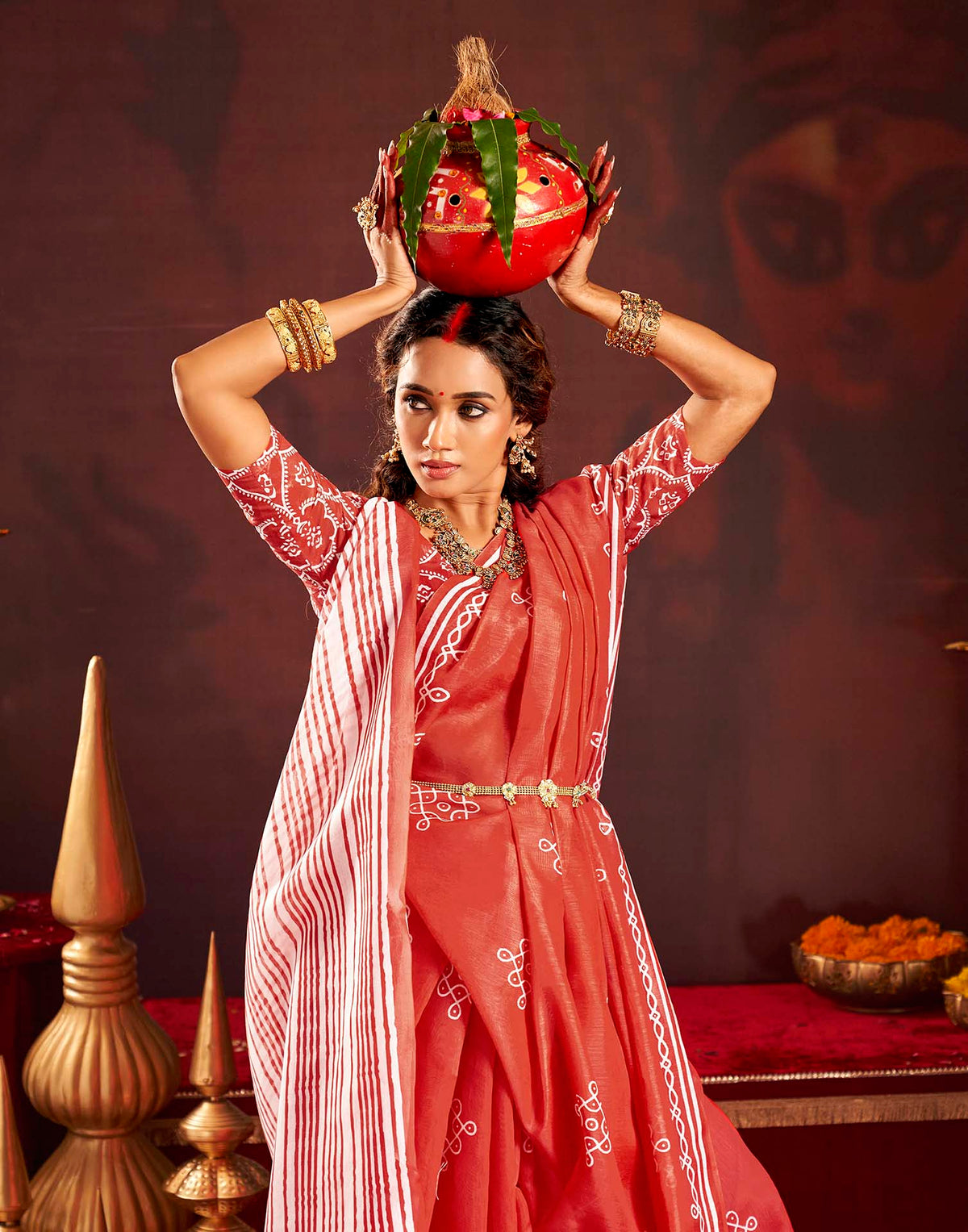 Durga Puja Red Cotton Motif Printed Saree