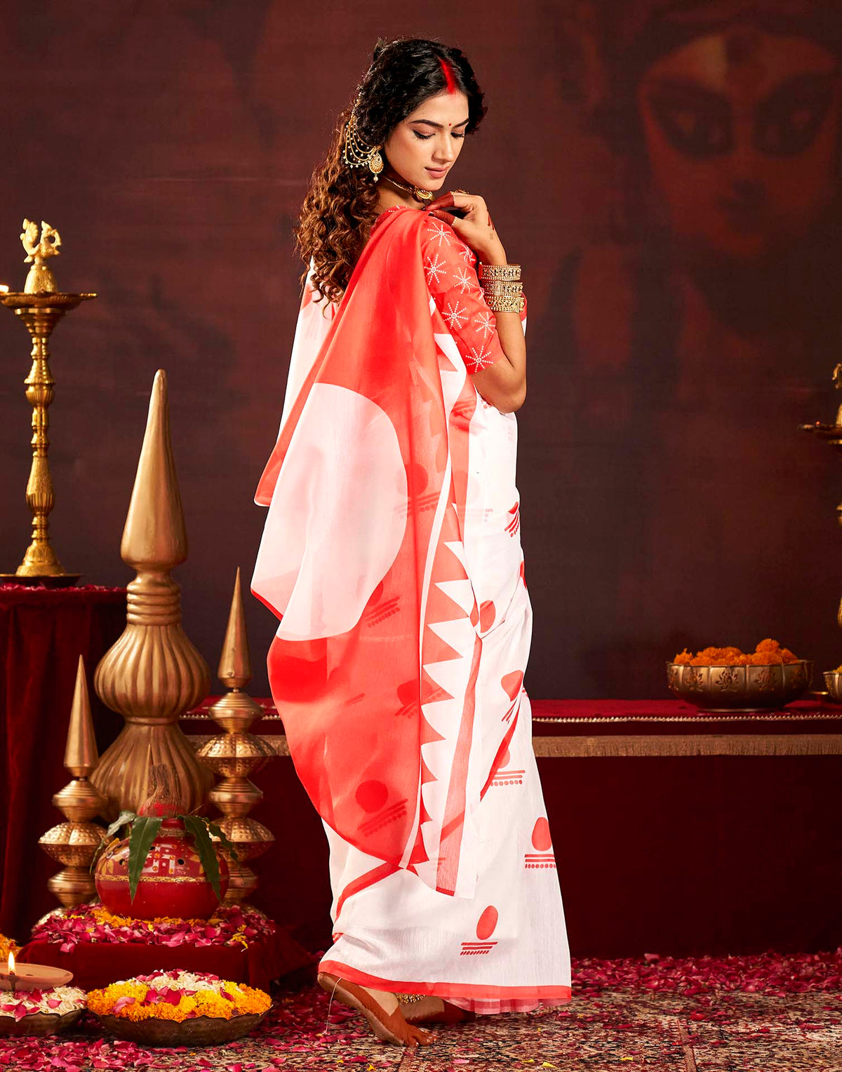 Durga Puja Off White Cotton Printed Saree