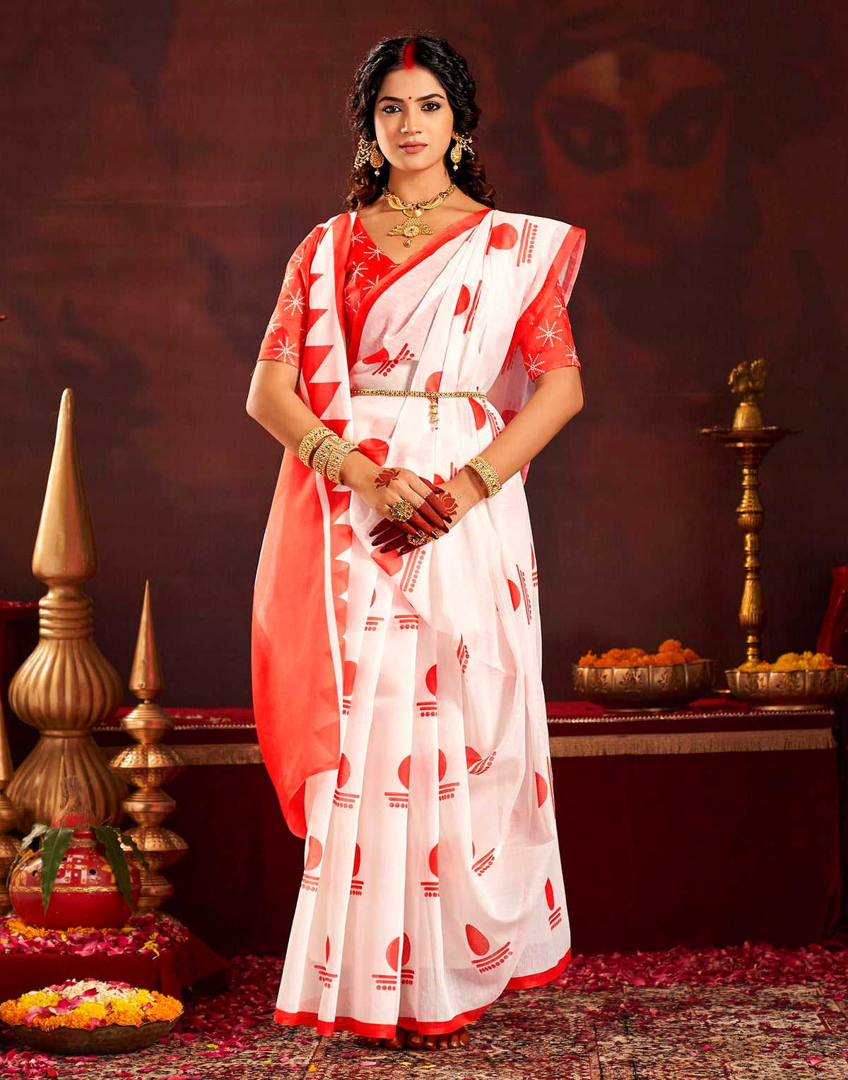 Durga Puja Off White Cotton Printed Saree