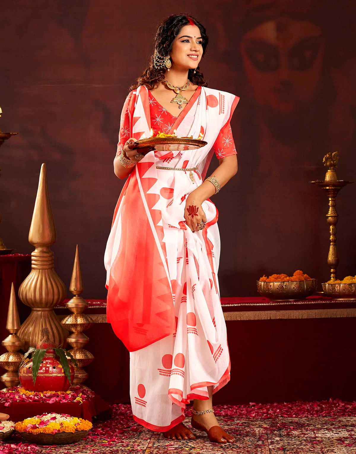 Durga Puja Off White Cotton Printed Saree