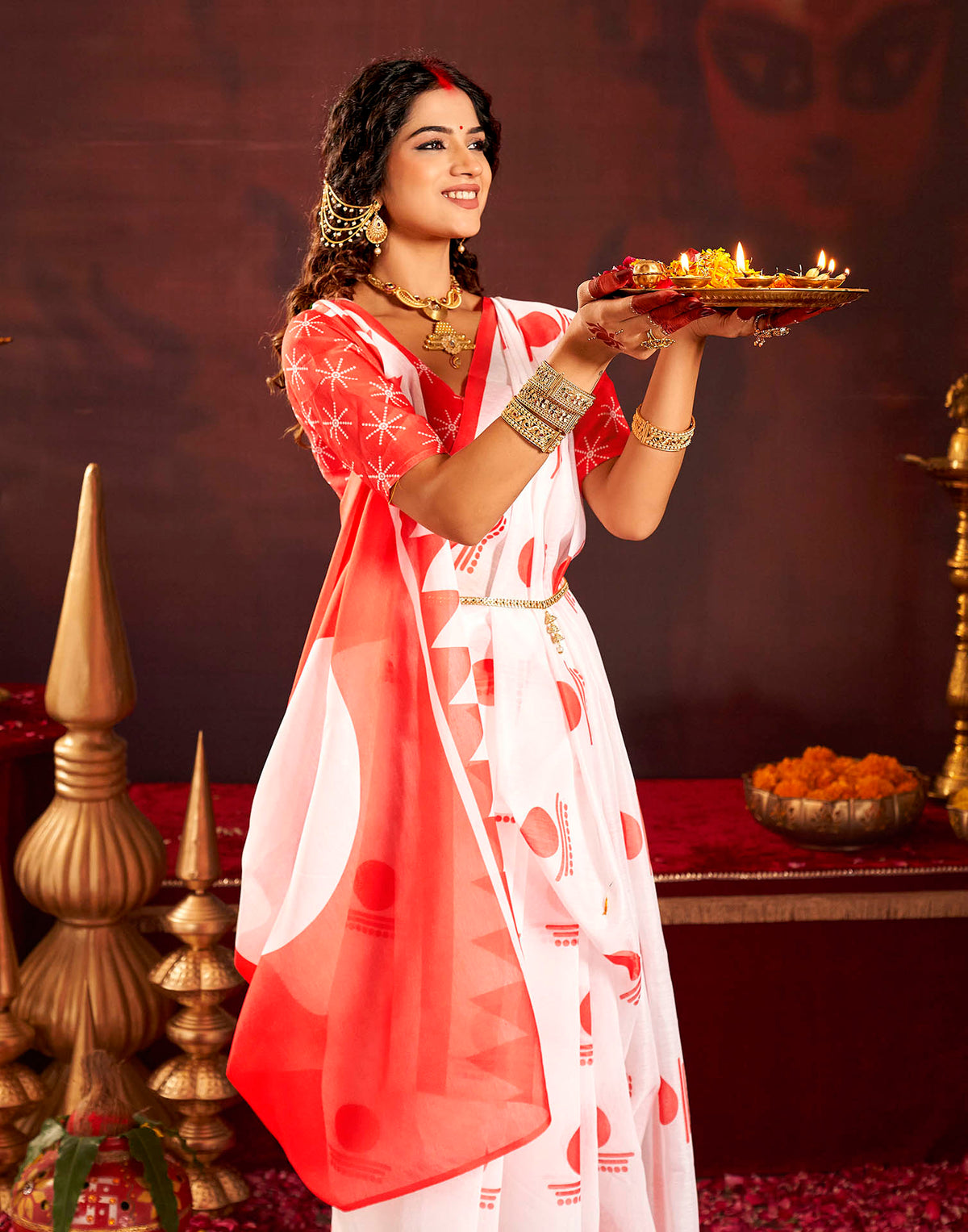 Durga Puja Off White Cotton Printed Saree