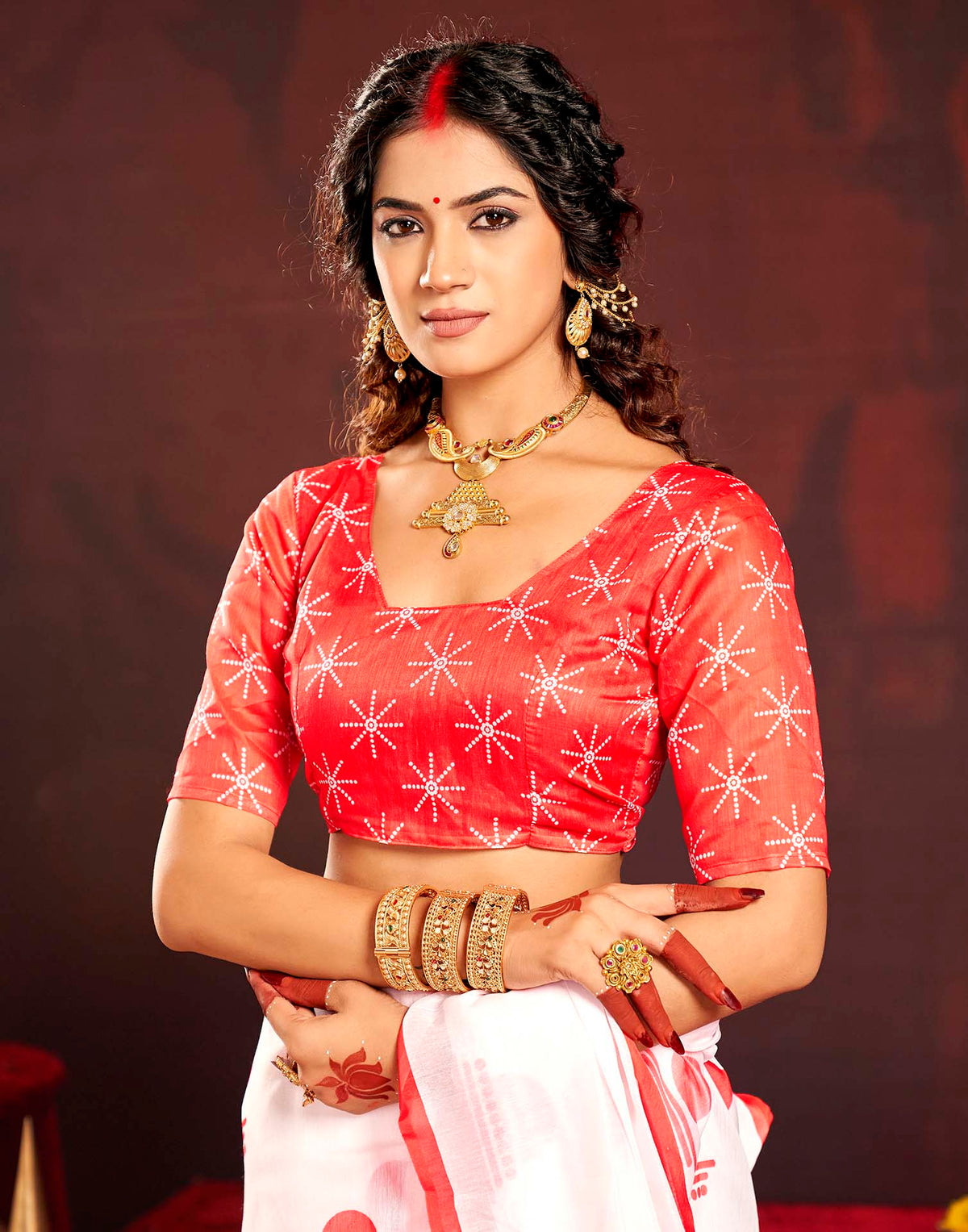 Durga Puja Off White Cotton Printed Saree