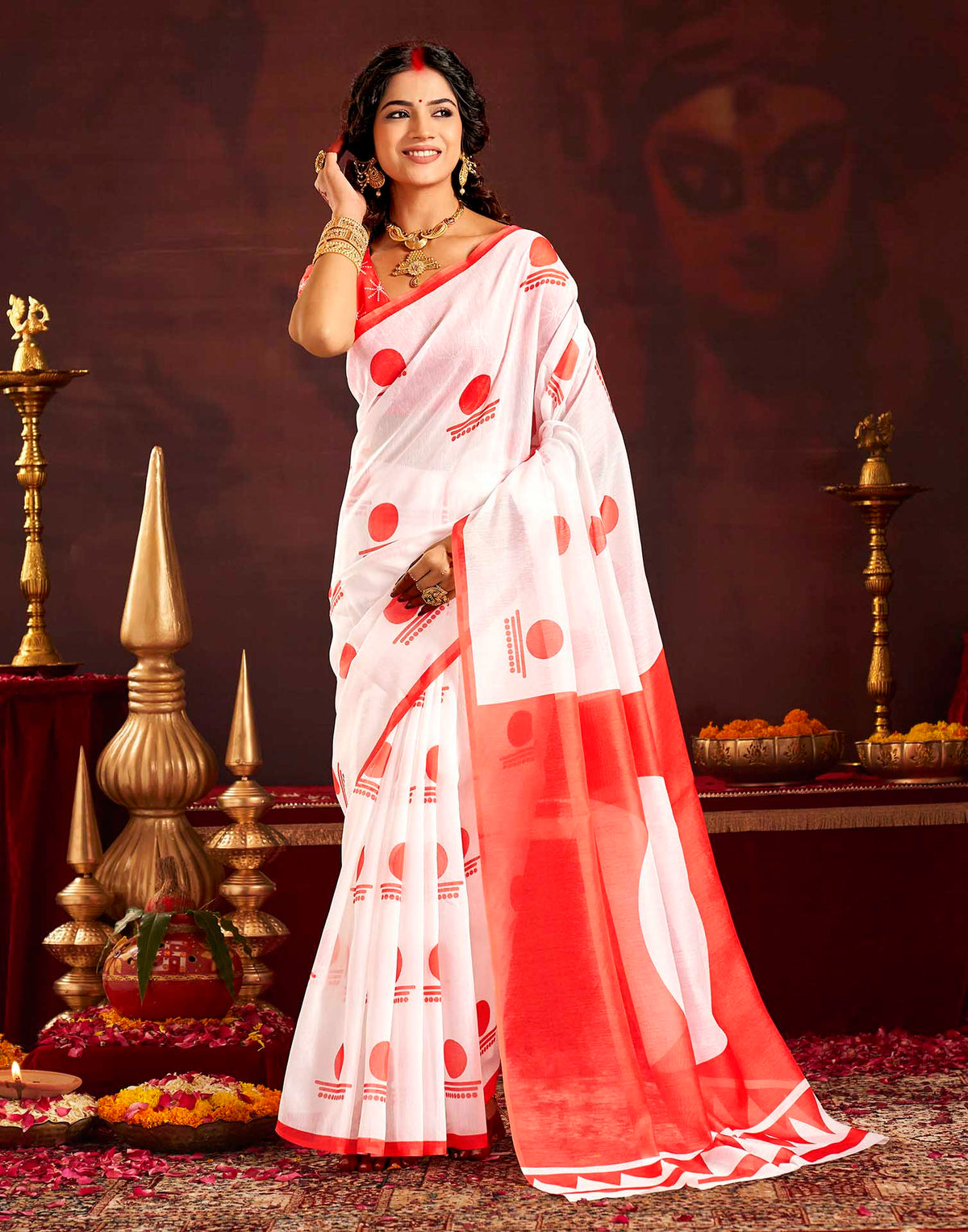 Durga Puja Off White Cotton Printed Saree