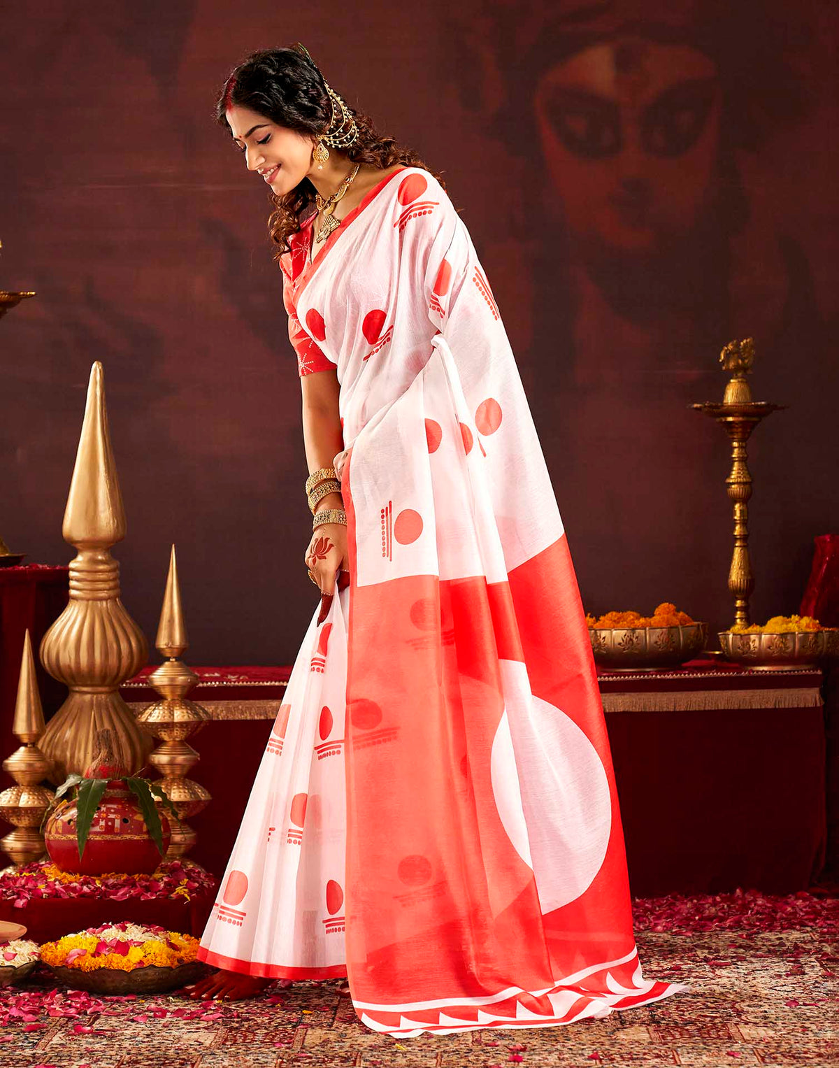 Durga Puja Off White Cotton Printed Saree