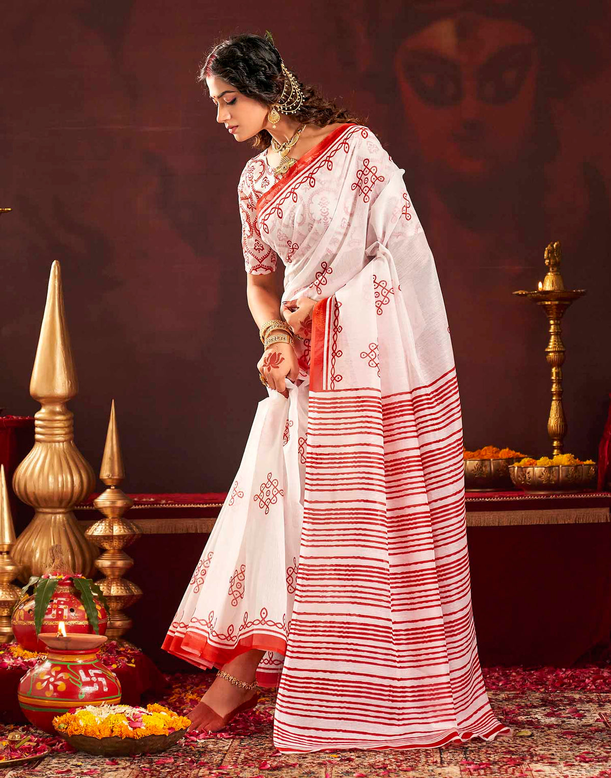 Durga Puja Off White Cotton Motif Printed Saree