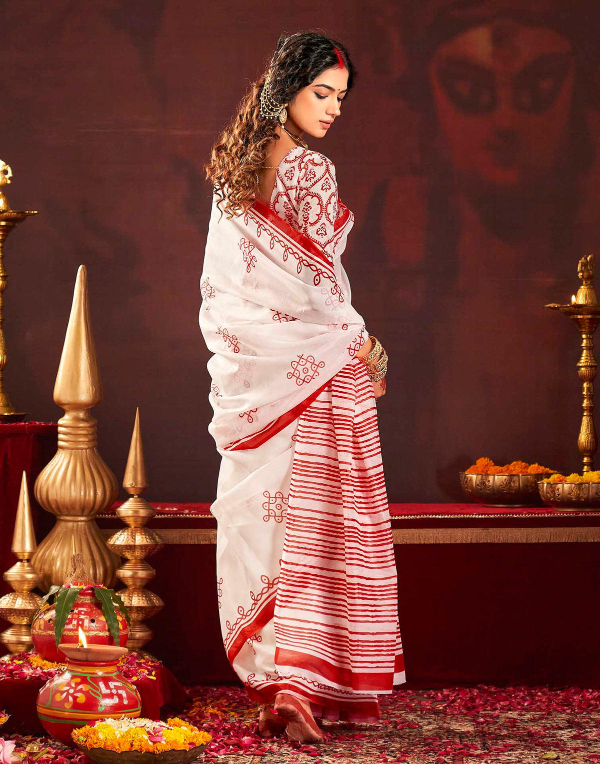 Durga Puja Off White Cotton Motif Printed Saree