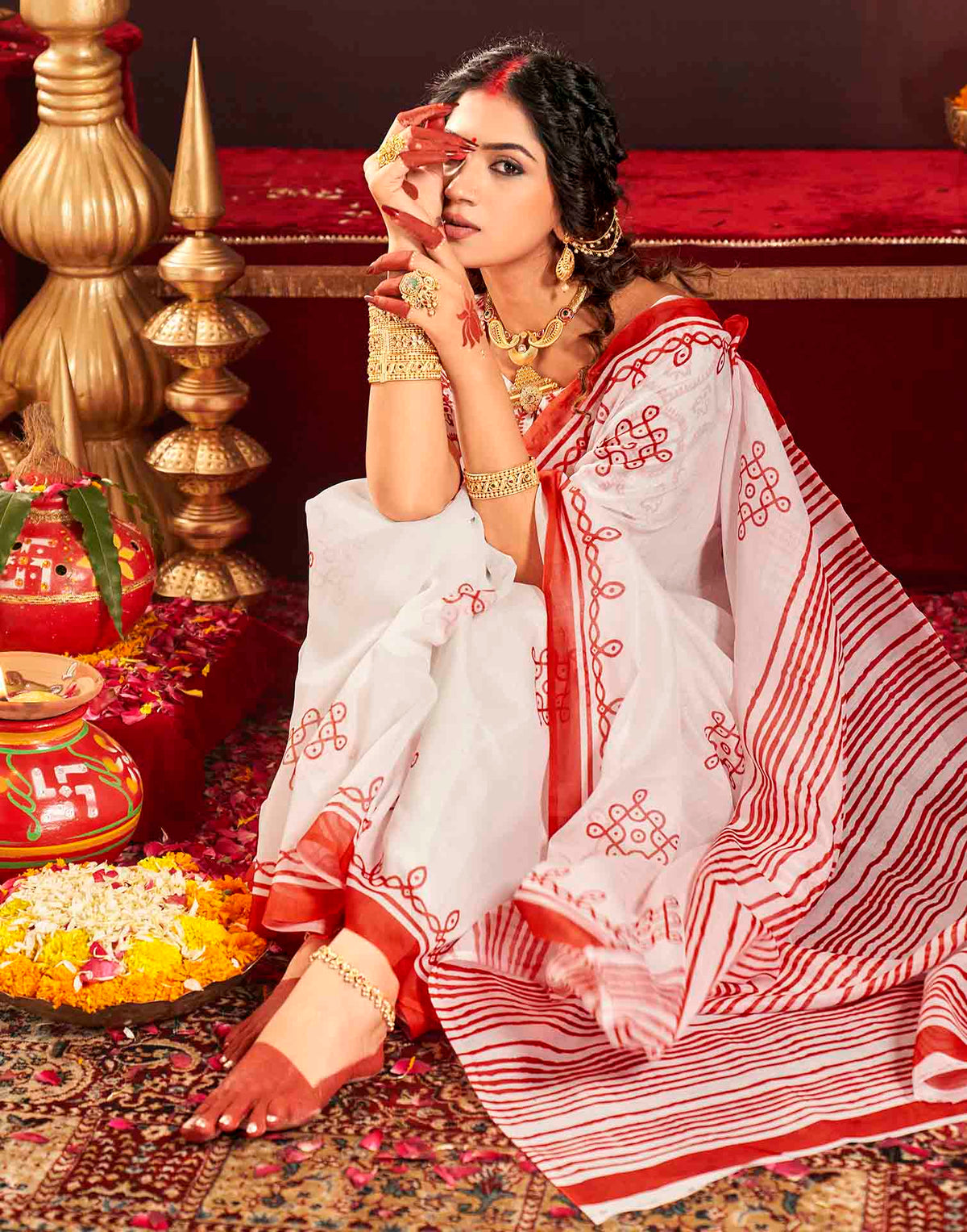 Durga Puja Off White Cotton Motif Printed Saree