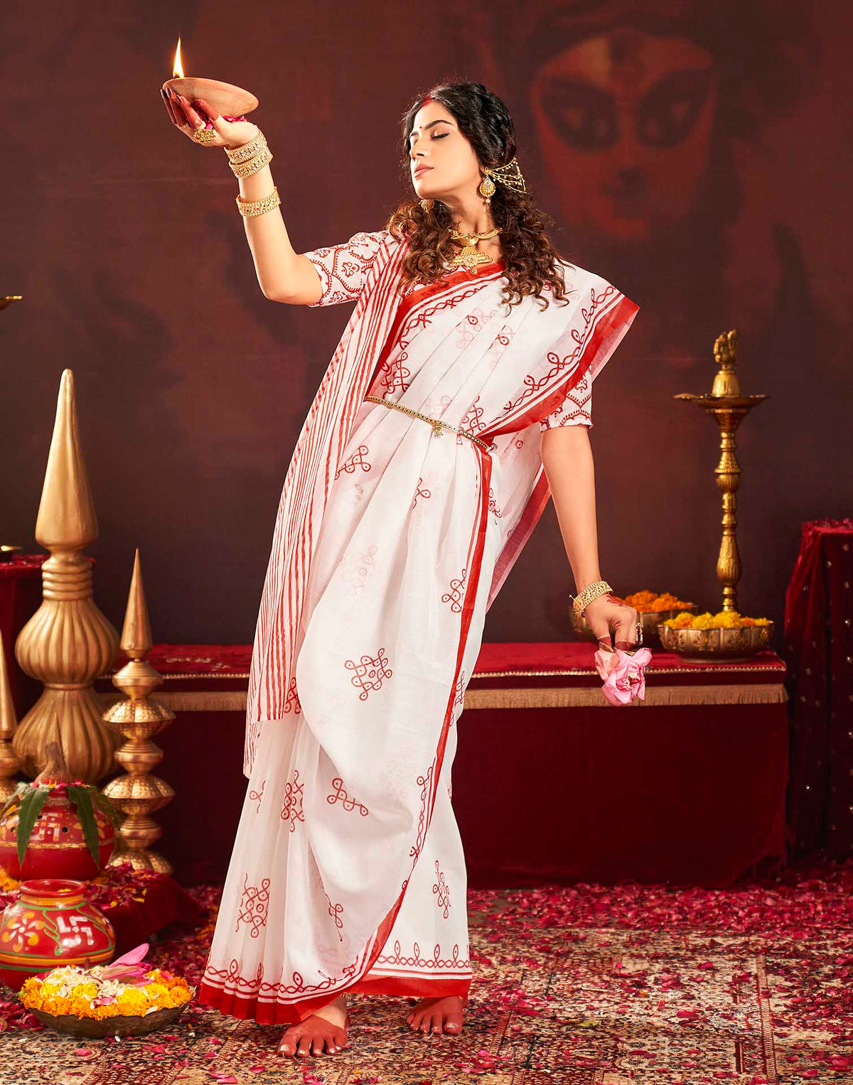 Durga Puja Off White Cotton Motif Printed Saree