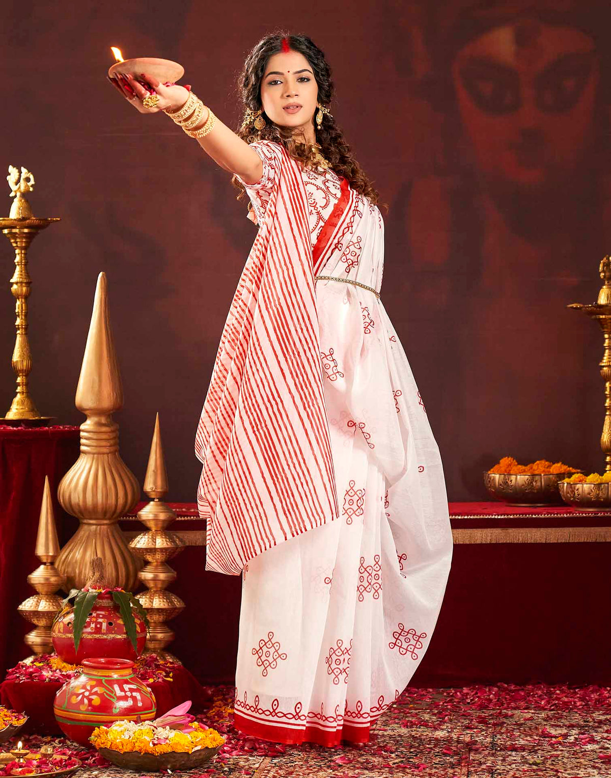 Durga Puja Off White Cotton Motif Printed Saree