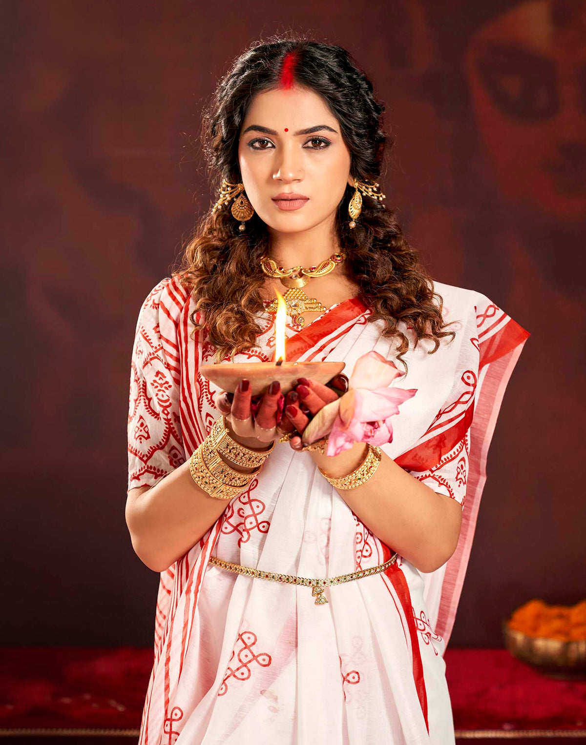 Durga Puja Off White Cotton Motif Printed Saree