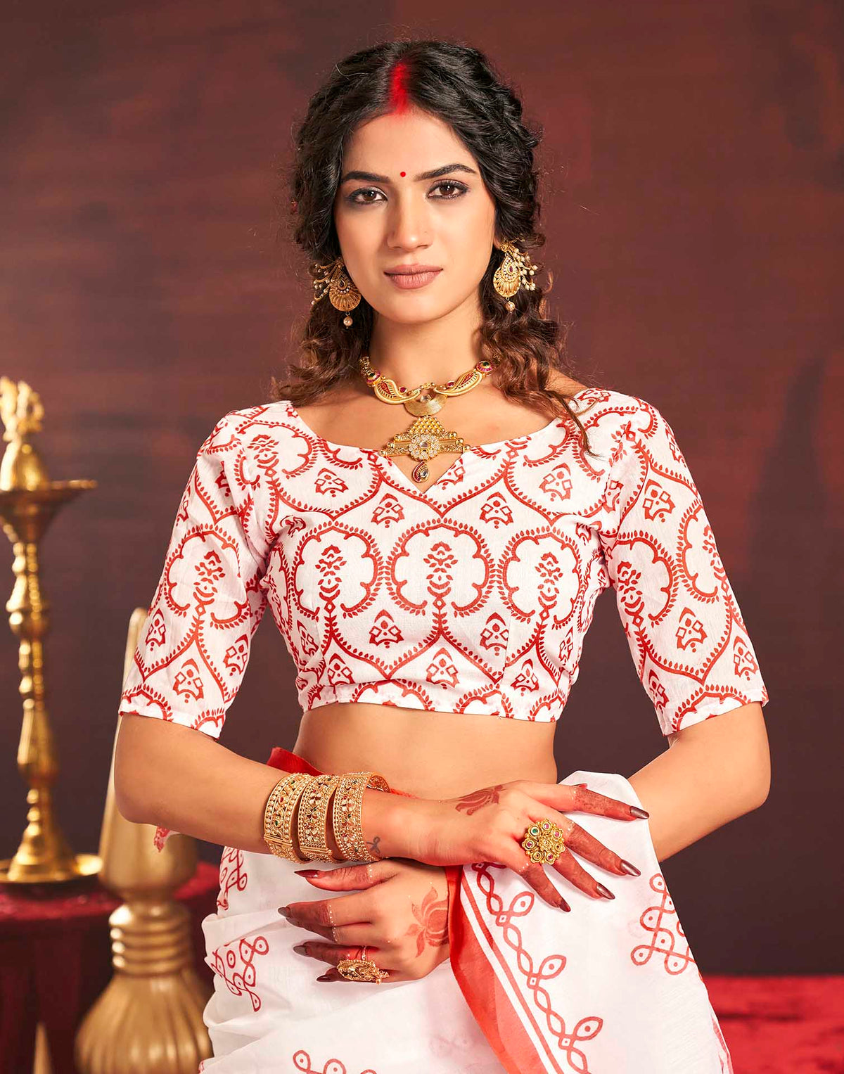 Durga Puja Off White Cotton Motif Printed Saree