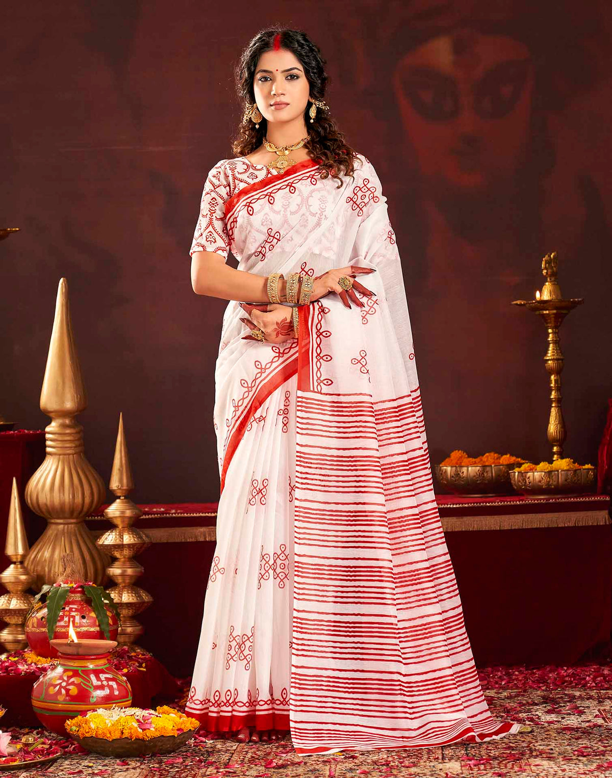 Durga Puja Off White Cotton Motif Printed Saree