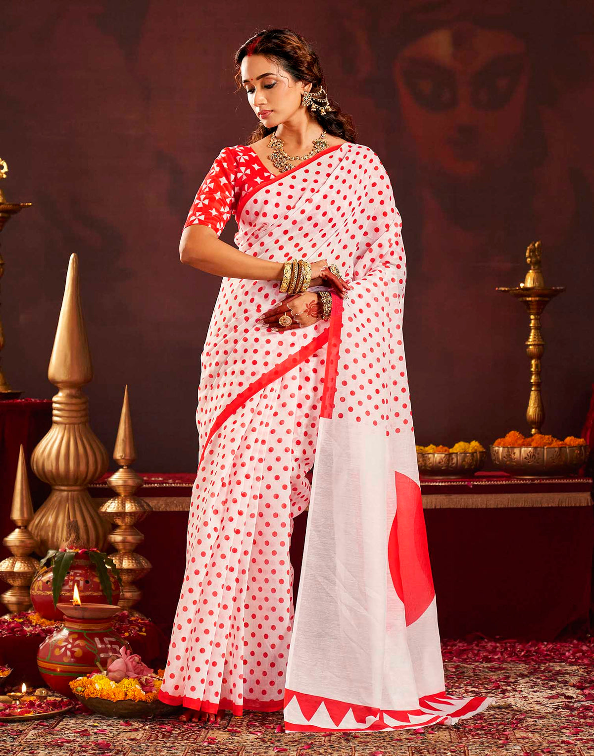Durga Puja Off White Cotton Polka Dot Printed Saree