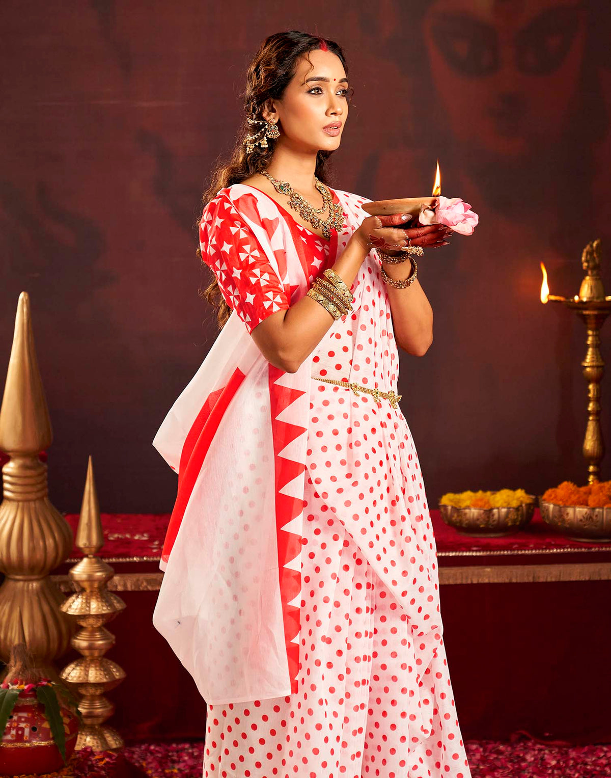 Durga Puja Off White Cotton Polka Dot Printed Saree