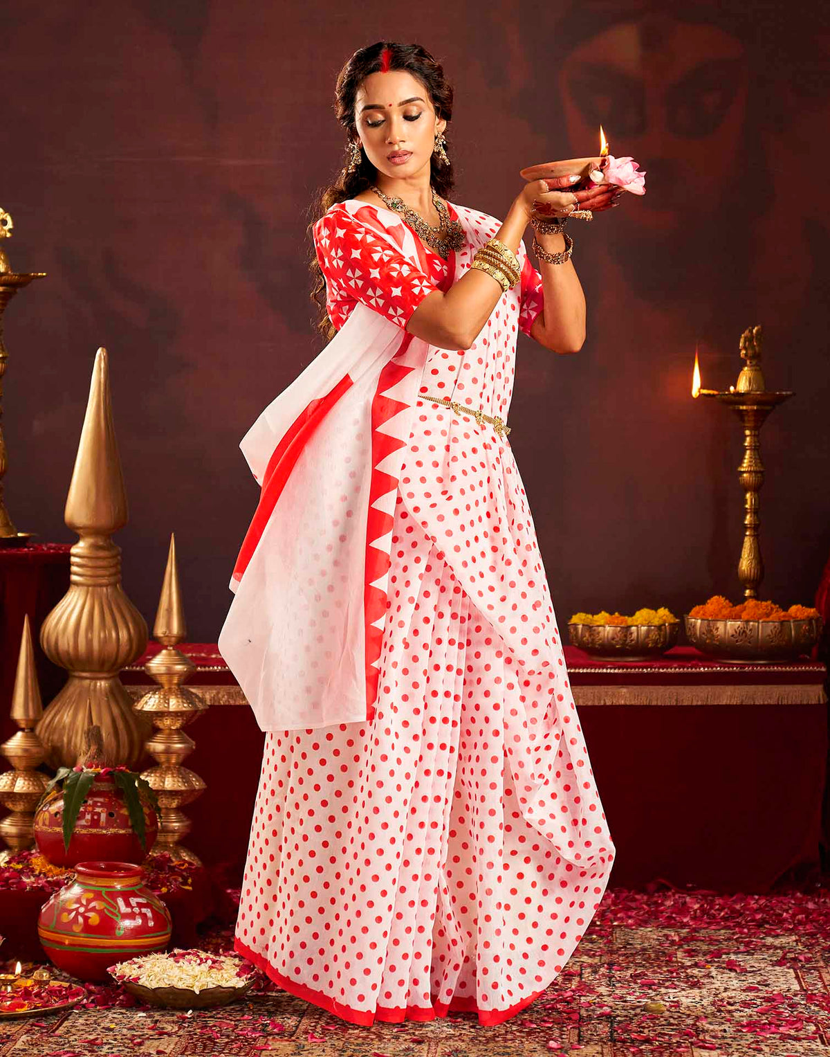 Durga Puja Off White Cotton Polka Dot Printed Saree