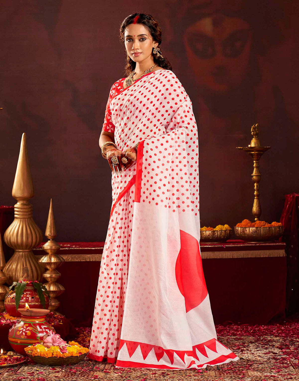 Durga Puja Off White Cotton Polka Dot Printed Saree