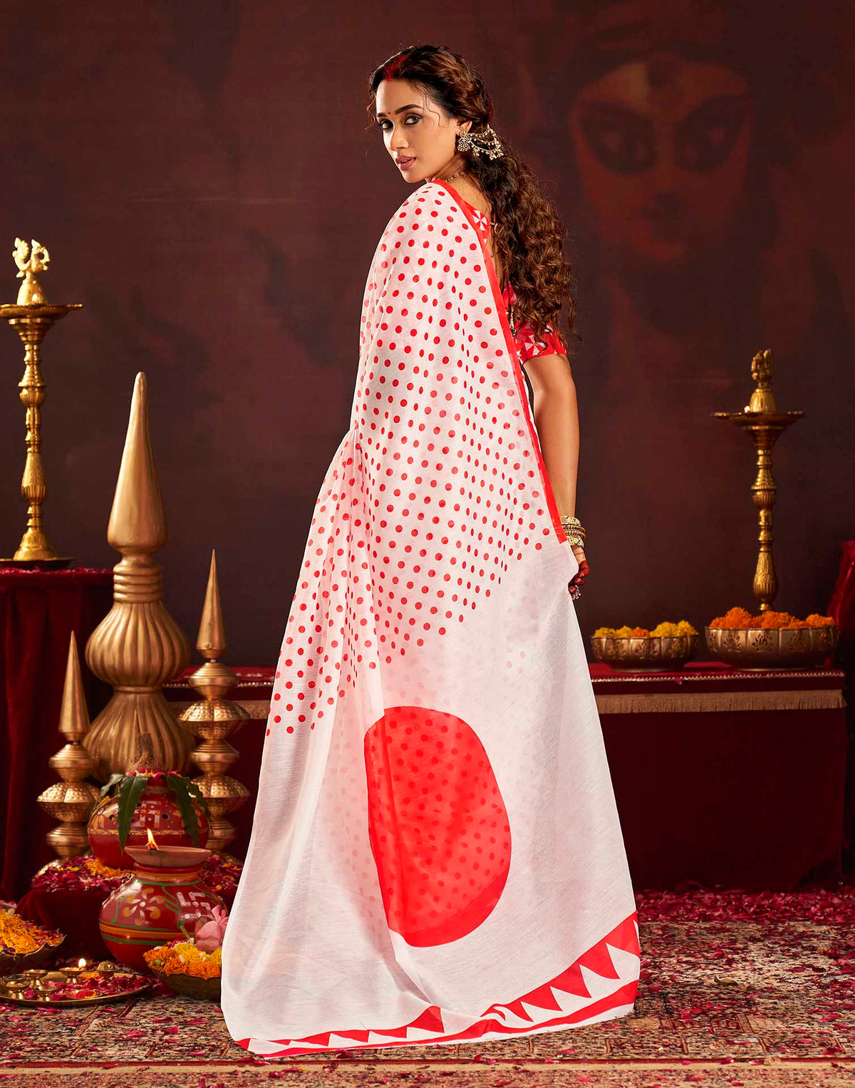 Durga Puja Off White Cotton Polka Dot Printed Saree