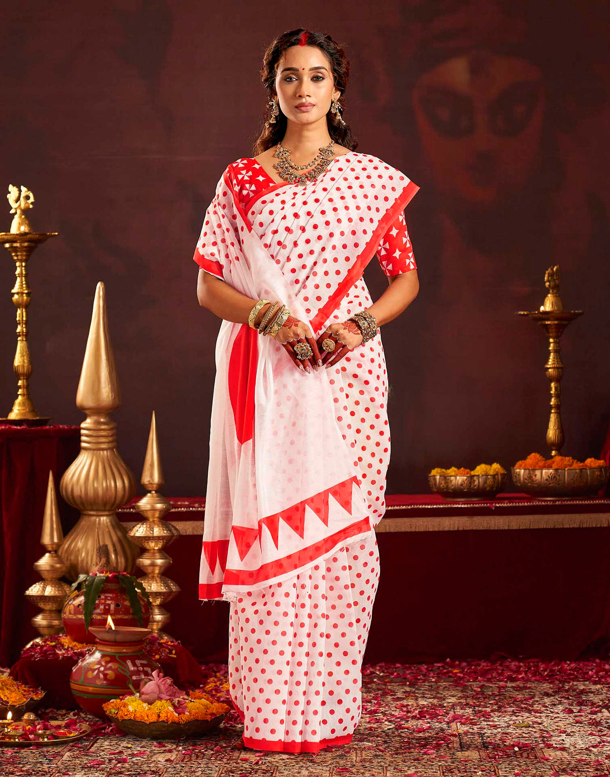 Durga Puja Off White Cotton Polka Dot Printed Saree