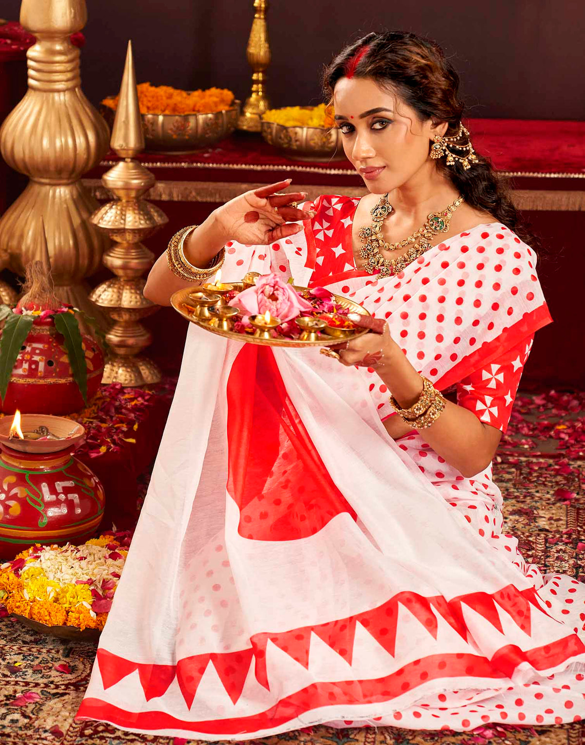 Durga Puja Off White Cotton Polka Dot Printed Saree