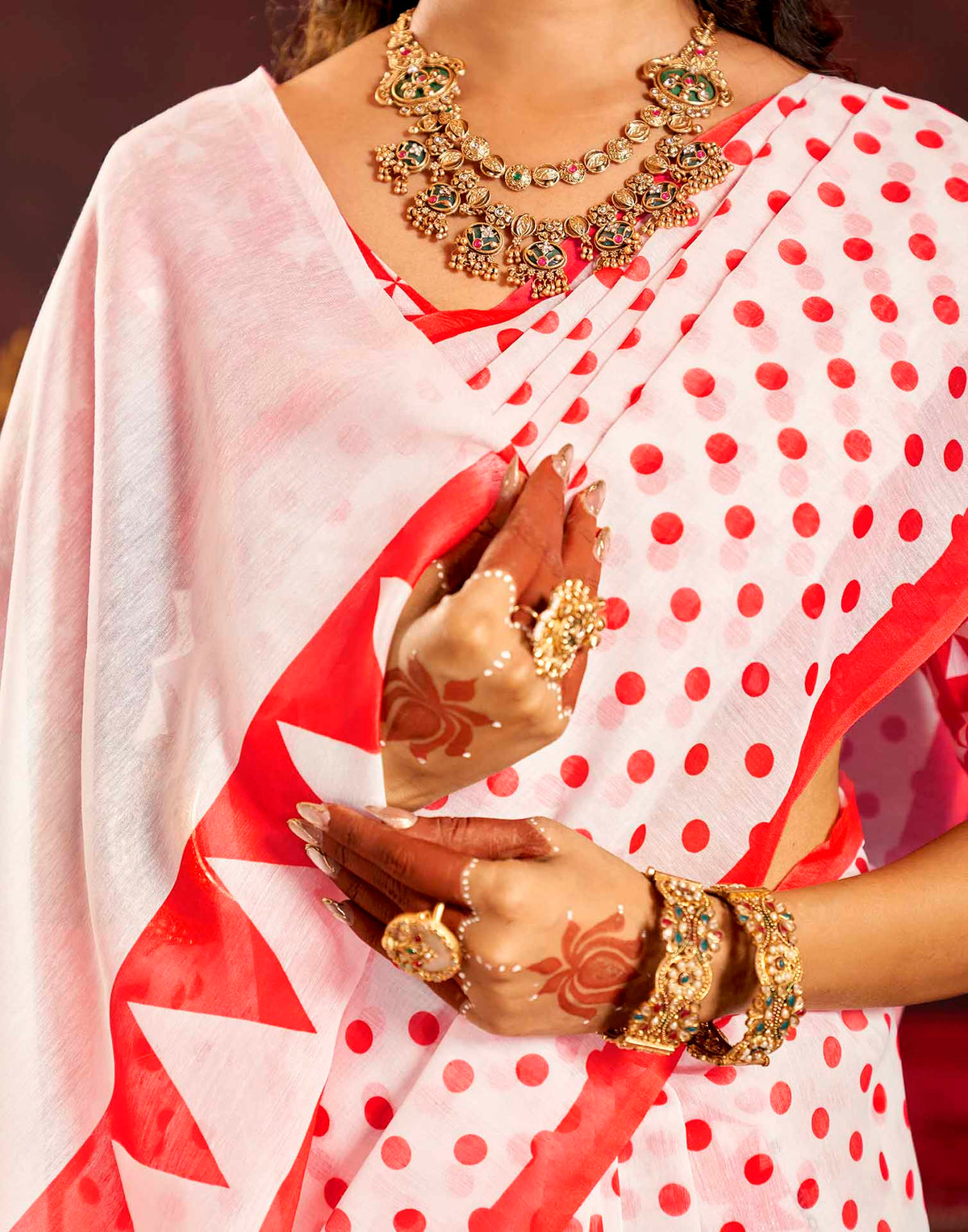 Durga Puja Off White Cotton Polka Dot Printed Saree