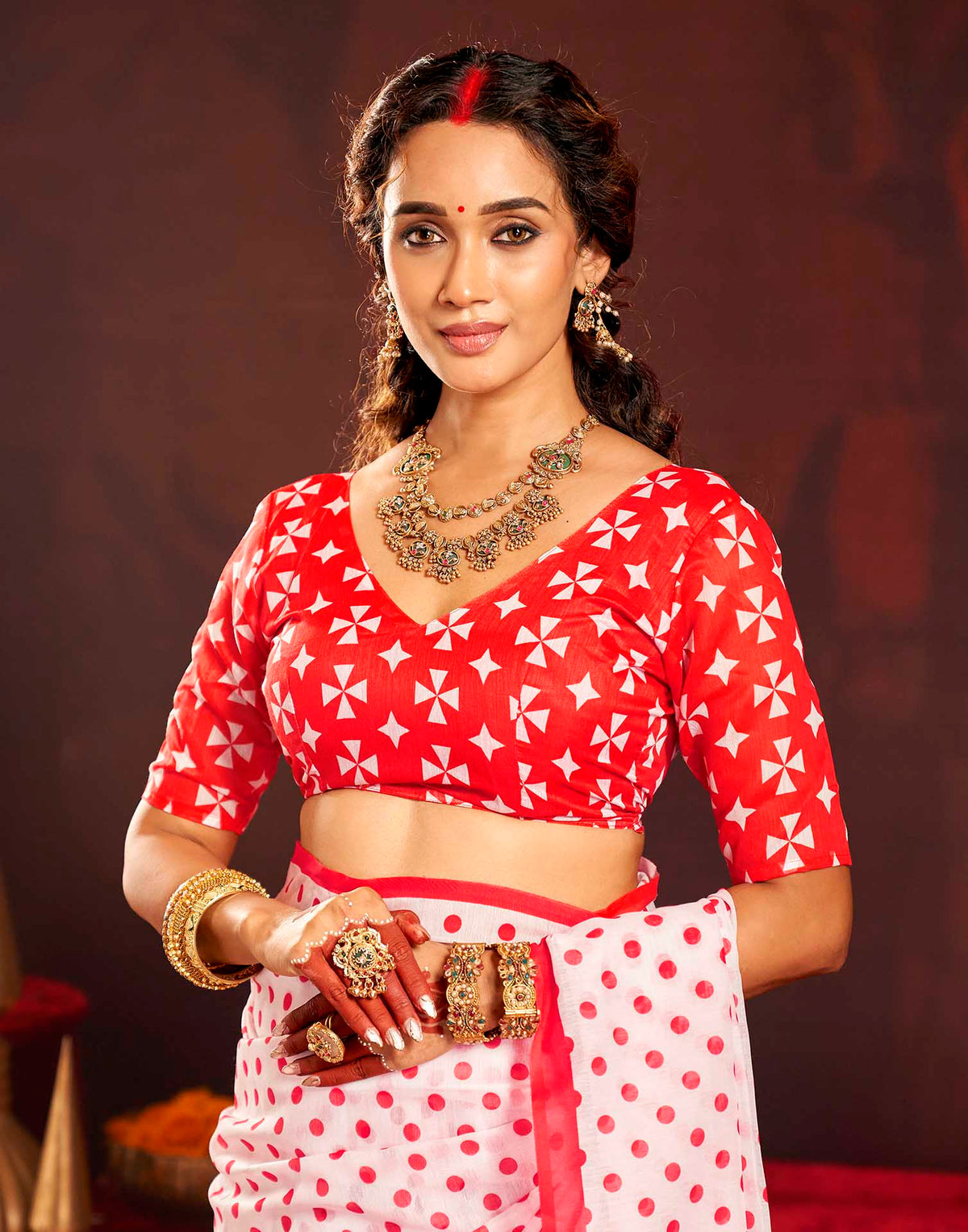 Durga Puja Off White Cotton Polka Dot Printed Saree