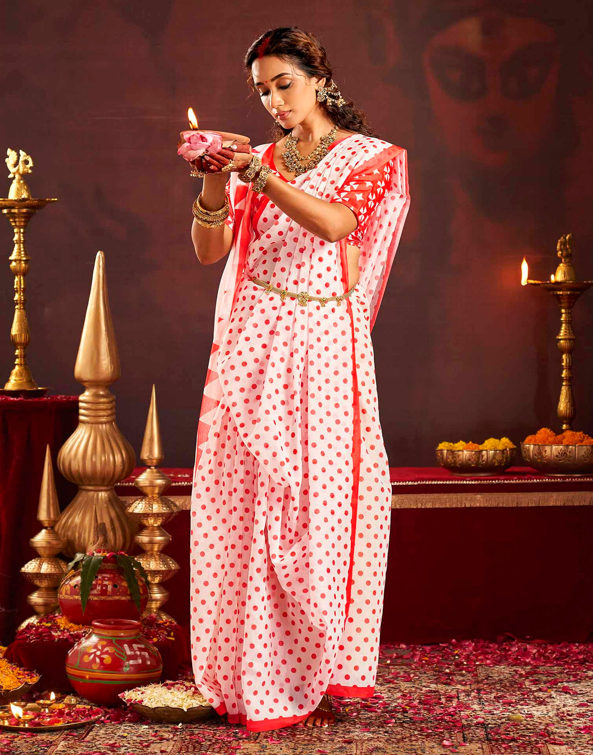 Durga Puja Off White Cotton Polka Dot Printed Saree