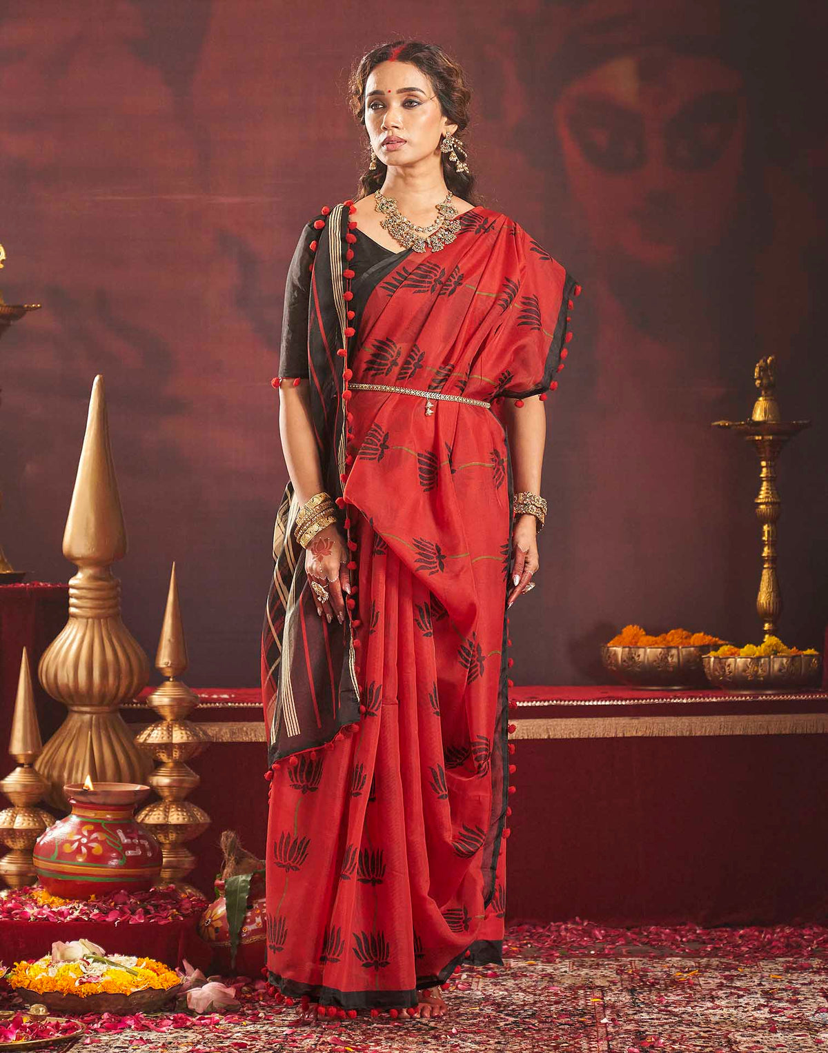 Durga Puja Red Cotton Floral Printed Saree