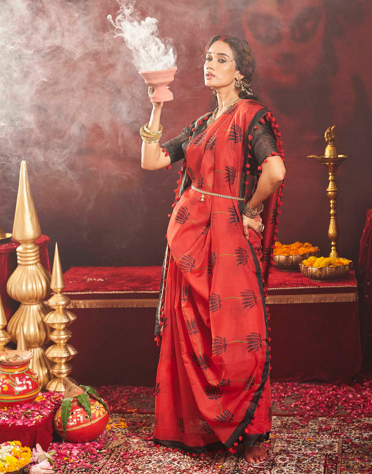 Durga Puja Red Cotton Floral Printed Saree