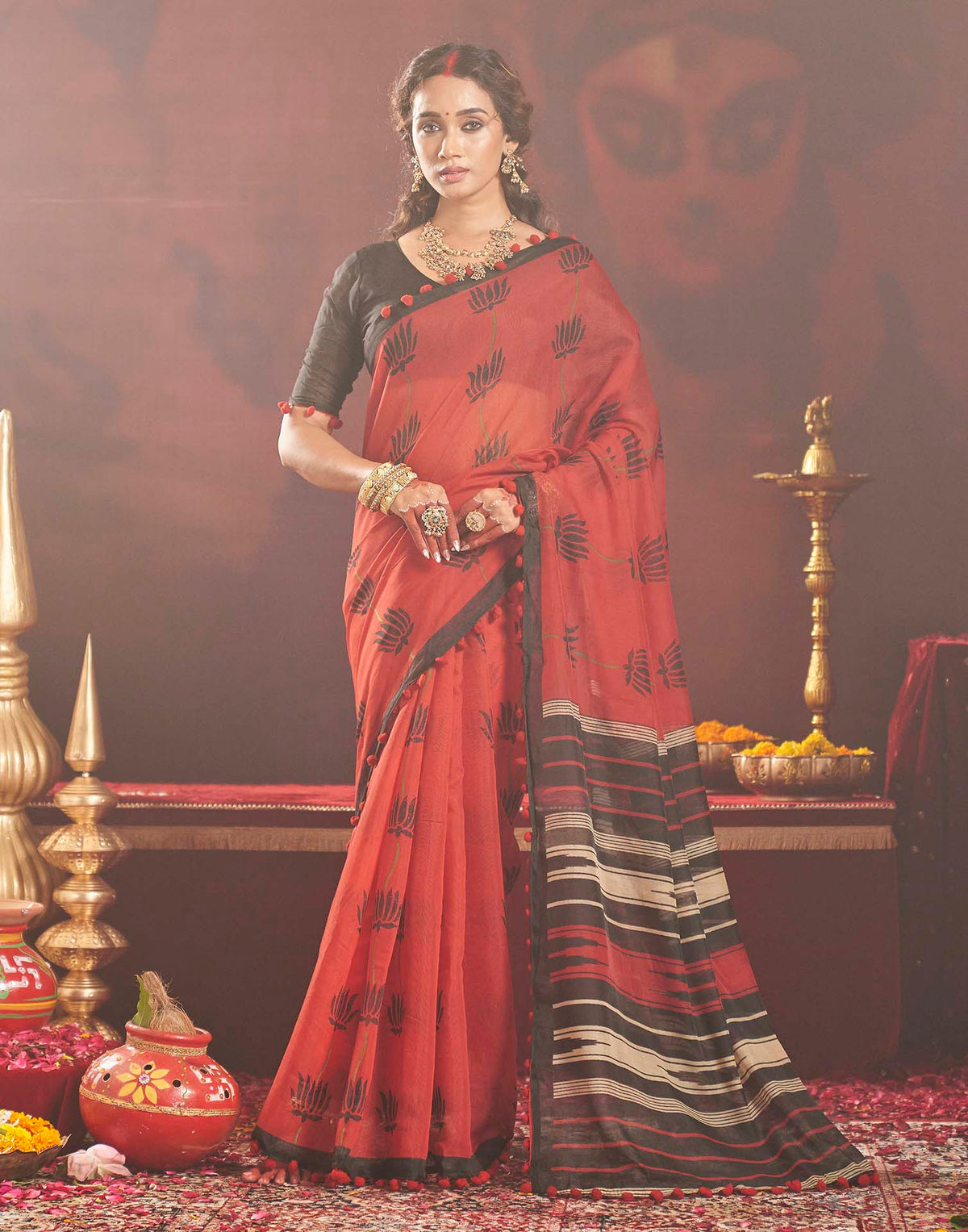 Durga Puja Red Cotton Floral Printed Saree