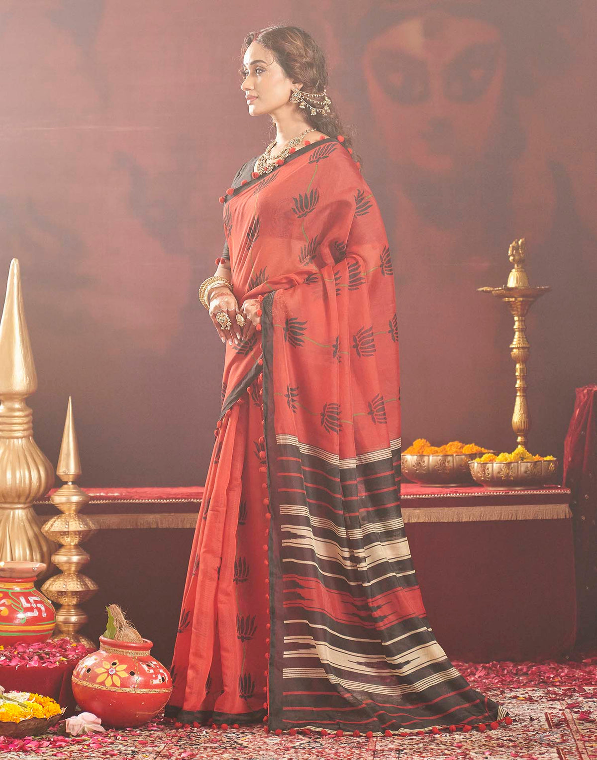 Durga Puja Red Cotton Floral Printed Saree