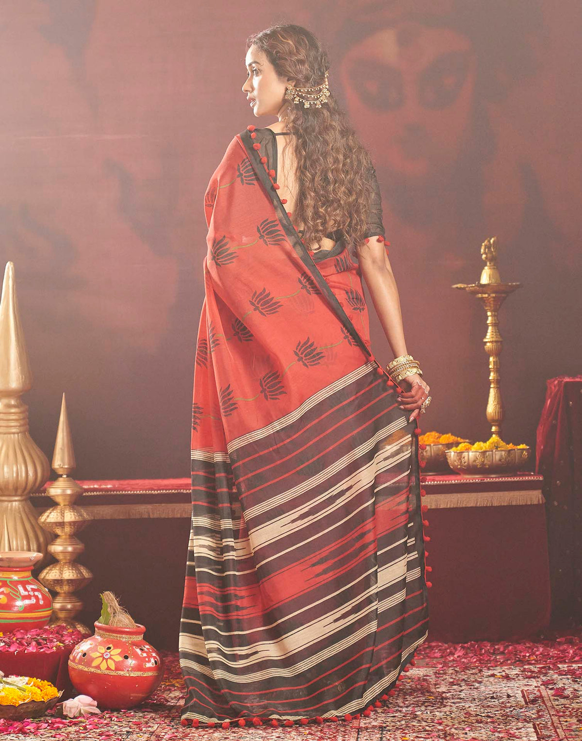 Durga Puja Red Cotton Floral Printed Saree