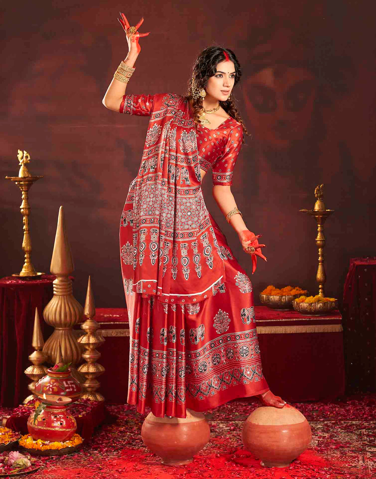 Durga Puja Red Silk Kalamkari Printed Saree