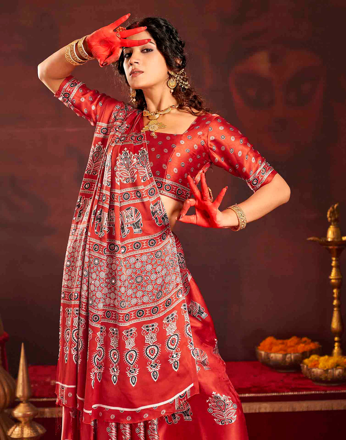 Durga Puja Red Silk Kalamkari Printed Saree