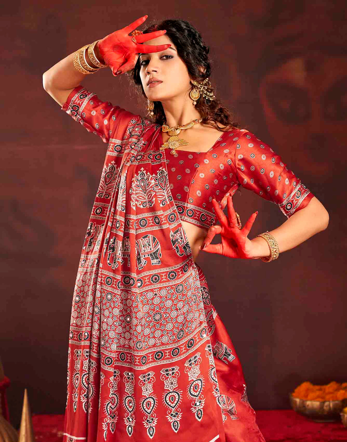 Durga Puja Red Silk Kalamkari Printed Saree