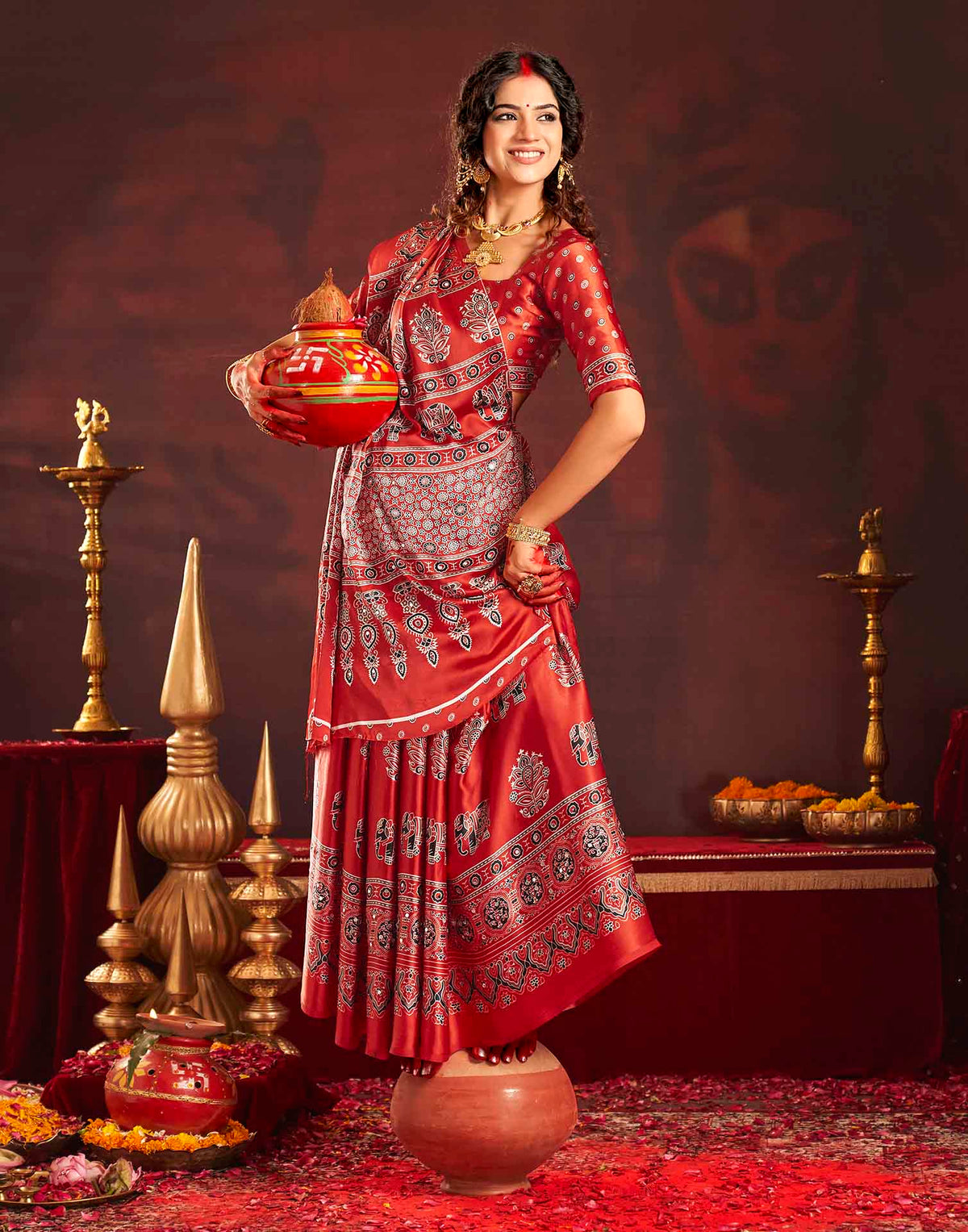 Durga Puja Red Silk Kalamkari Printed Saree