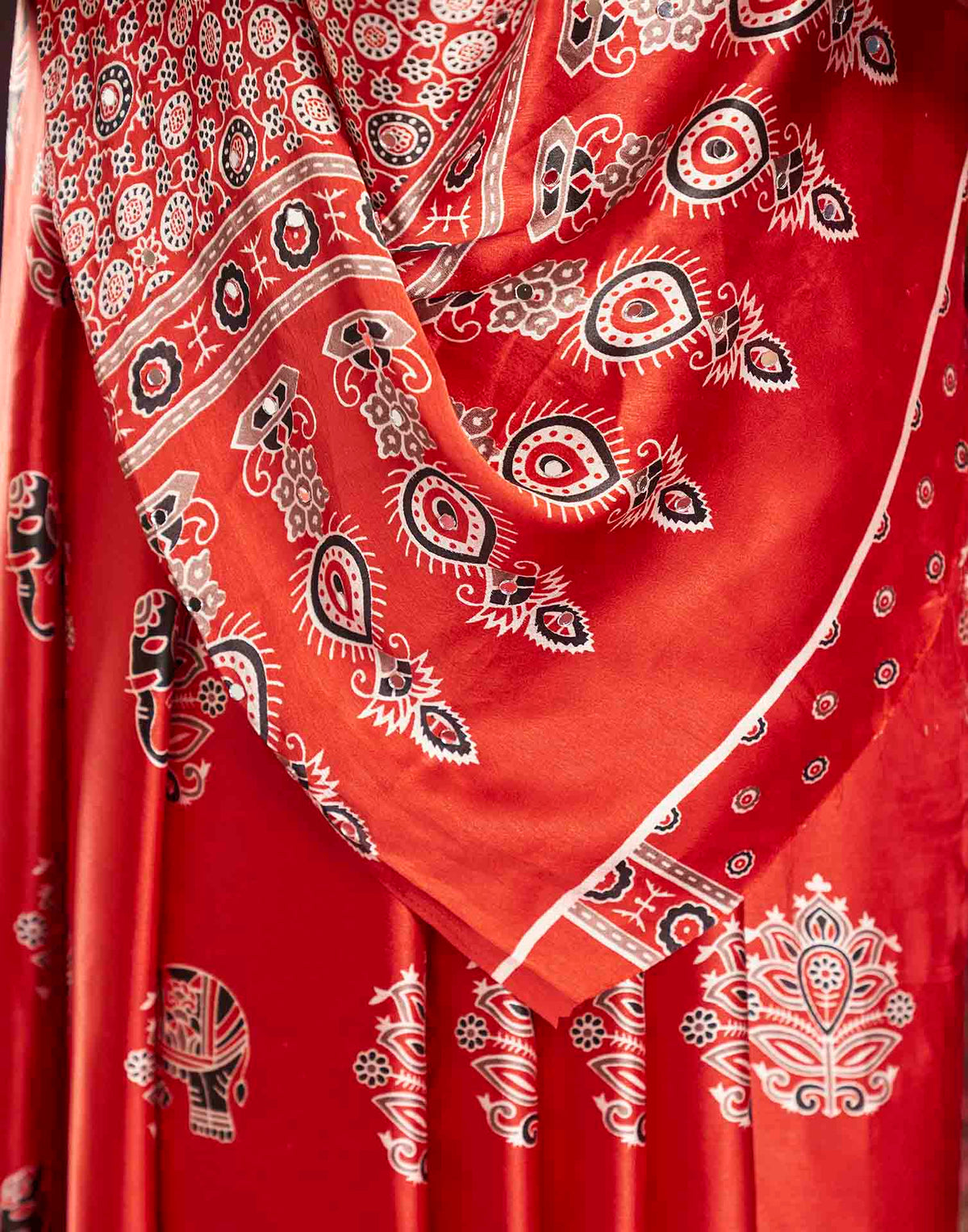 Durga Puja Red Silk Kalamkari Printed Saree
