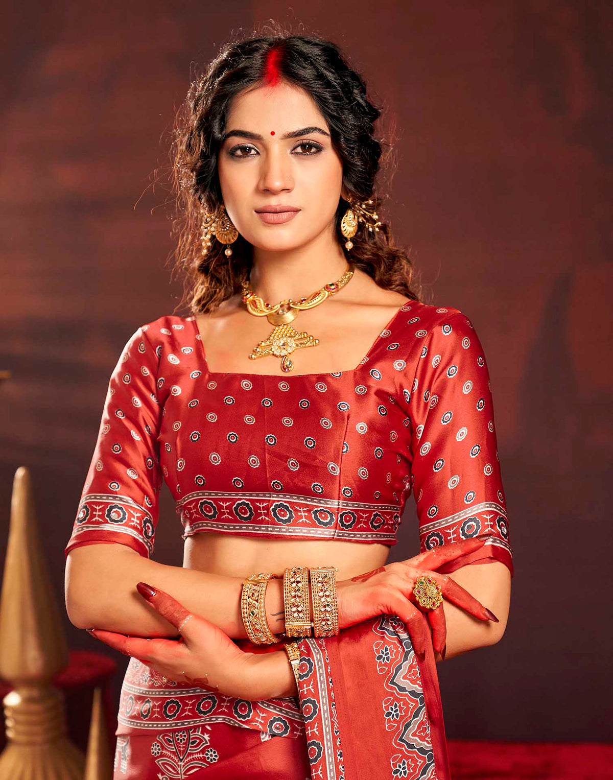 Durga Puja Red Silk Kalamkari Printed Saree