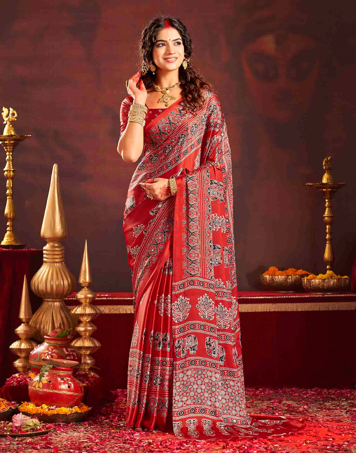 Durga Puja Red Silk Kalamkari Printed Saree