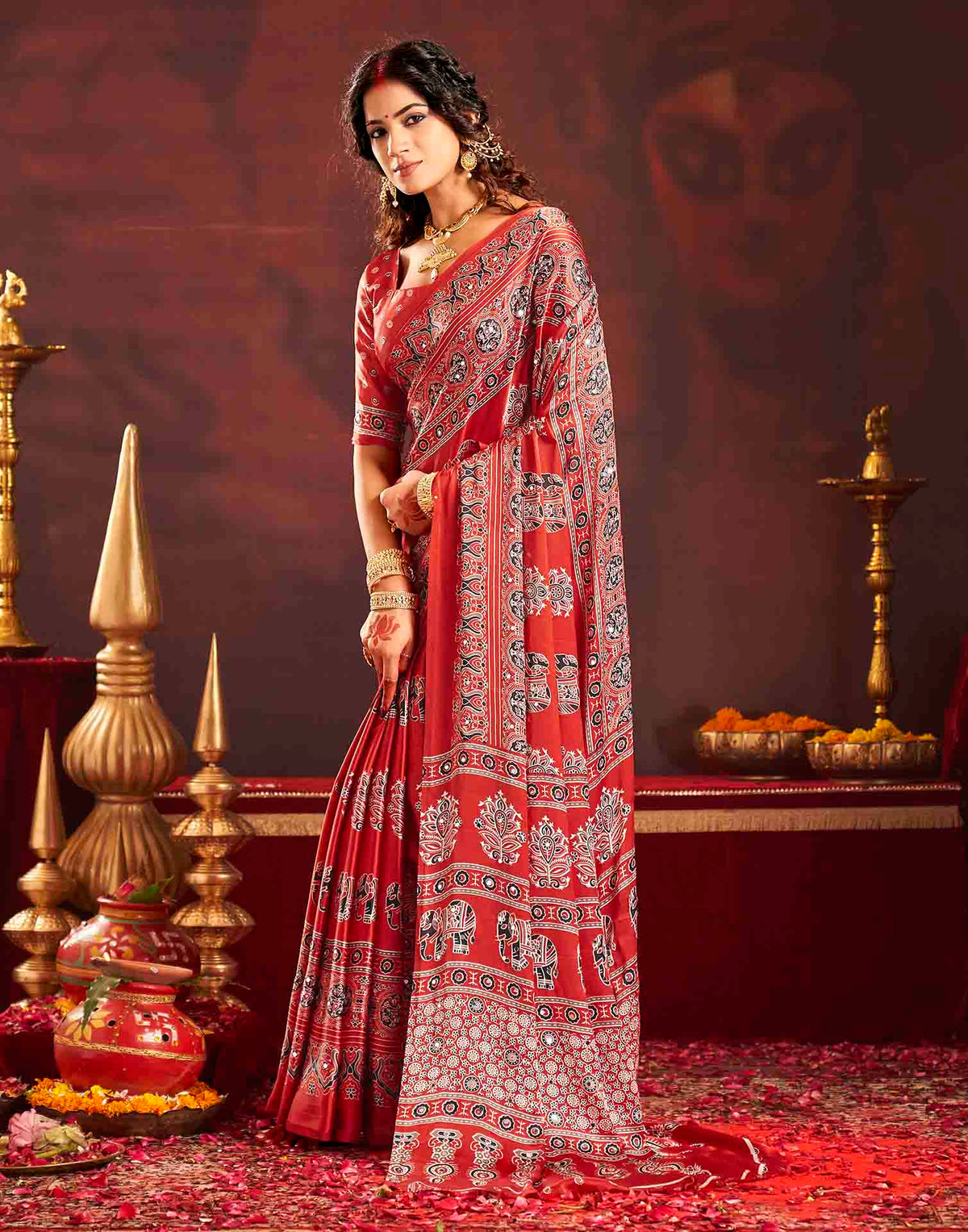 Durga Puja Red Silk Kalamkari Printed Saree