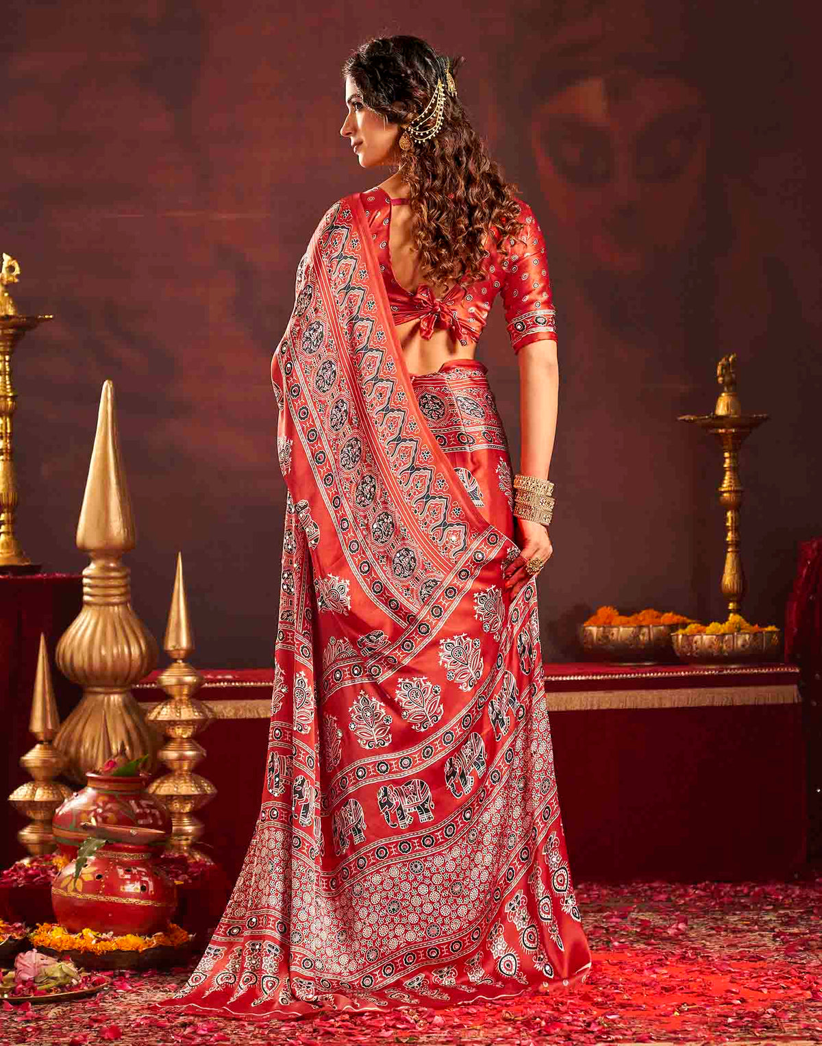 Durga Puja Red Silk Kalamkari Printed Saree