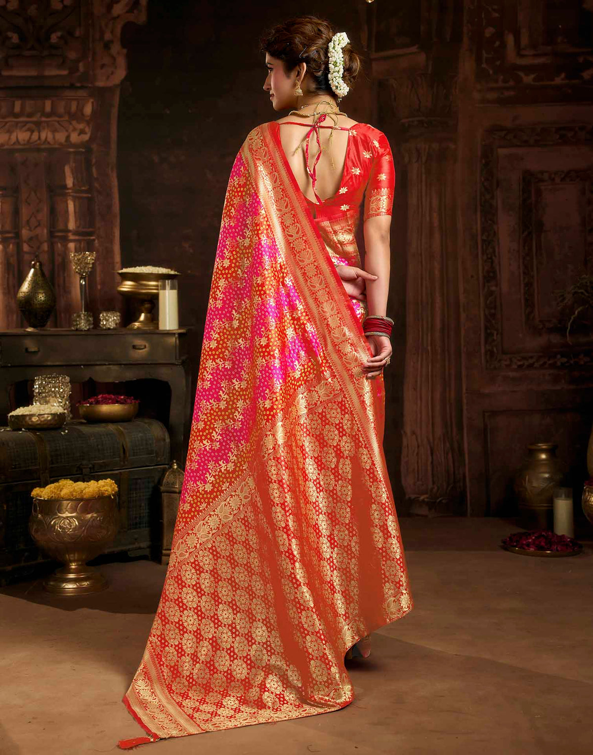 Hot Pink Silk Woven Bandhani Saree