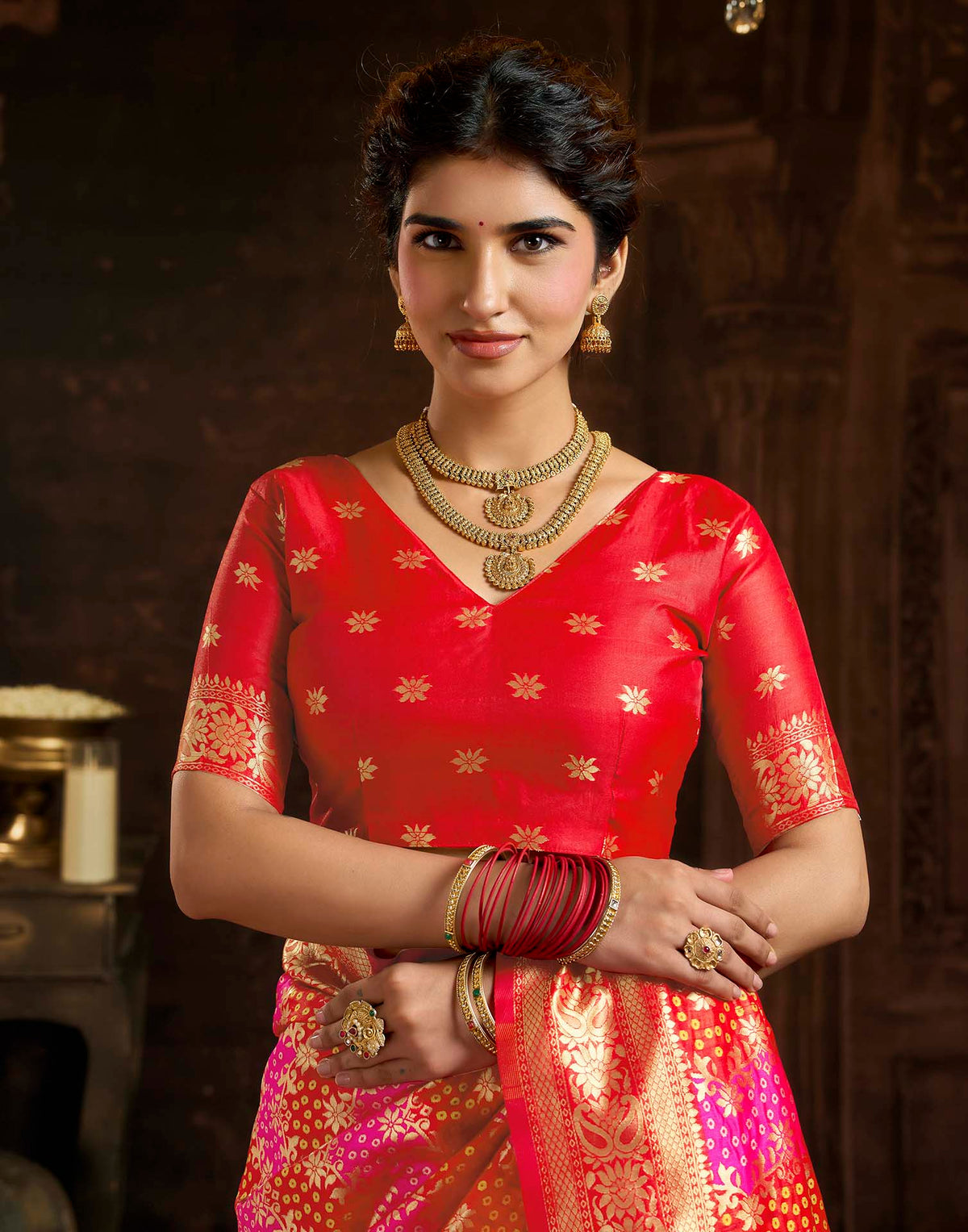 Hot Pink Silk Woven Bandhani Saree