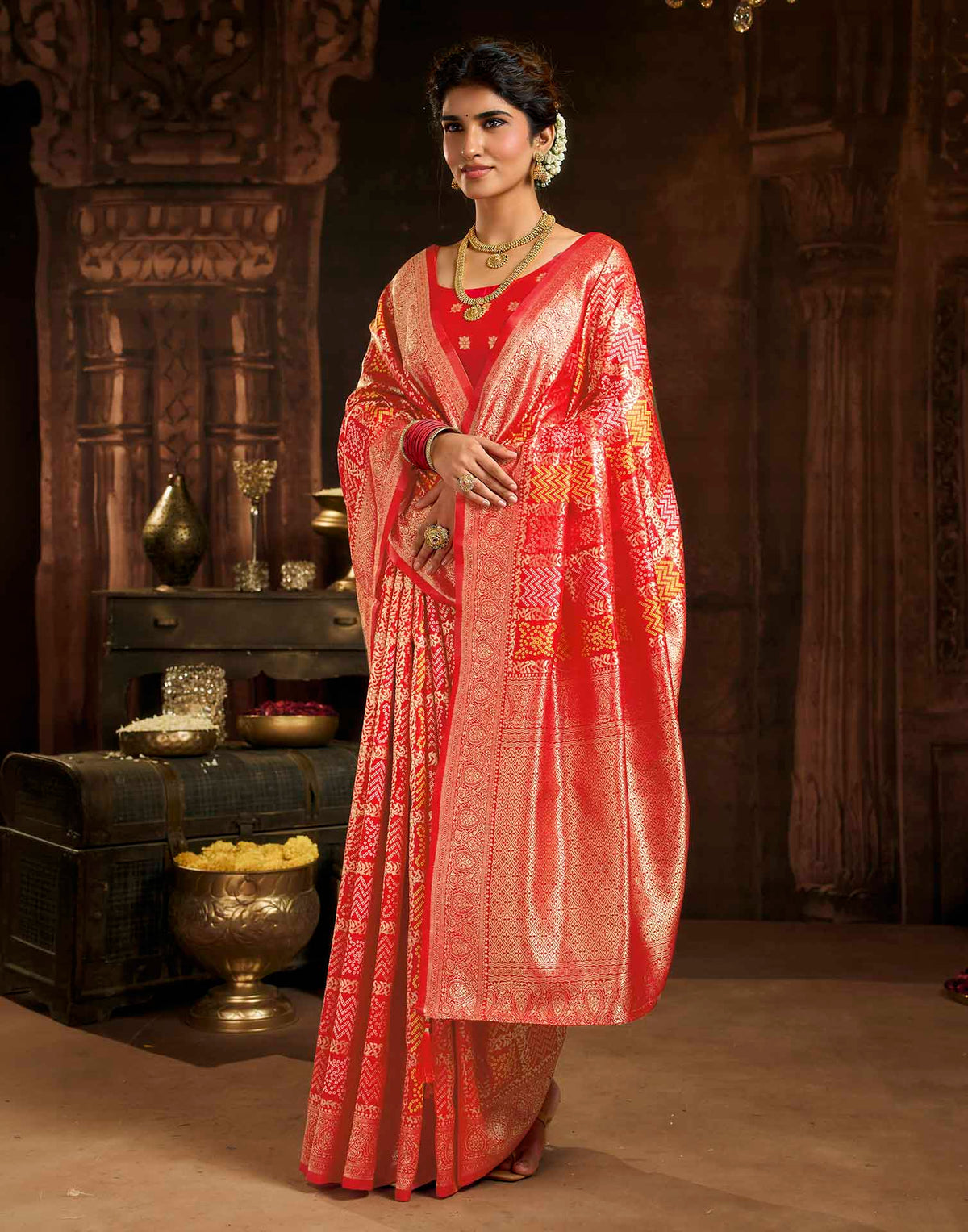 Hot Red Silk Woven Bandhani Saree