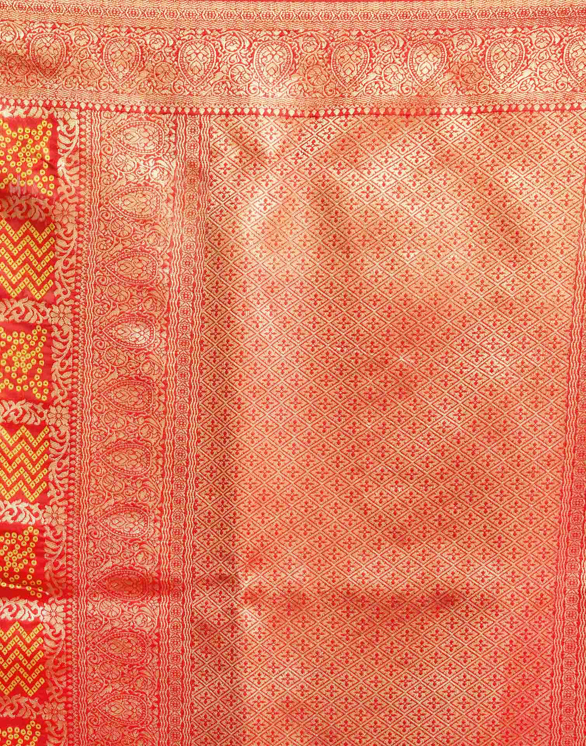 Hot Red Silk Woven Bandhani Saree