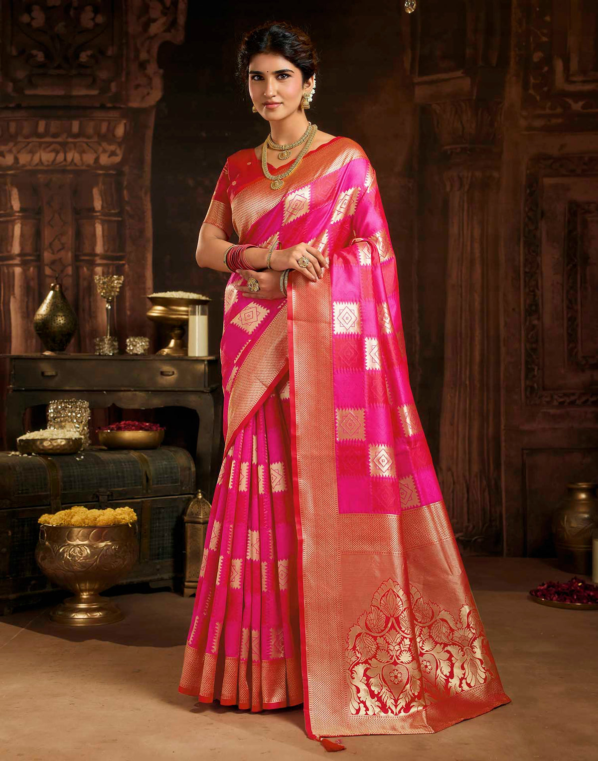 Dark Pink Silk Woven Banarasi Saree