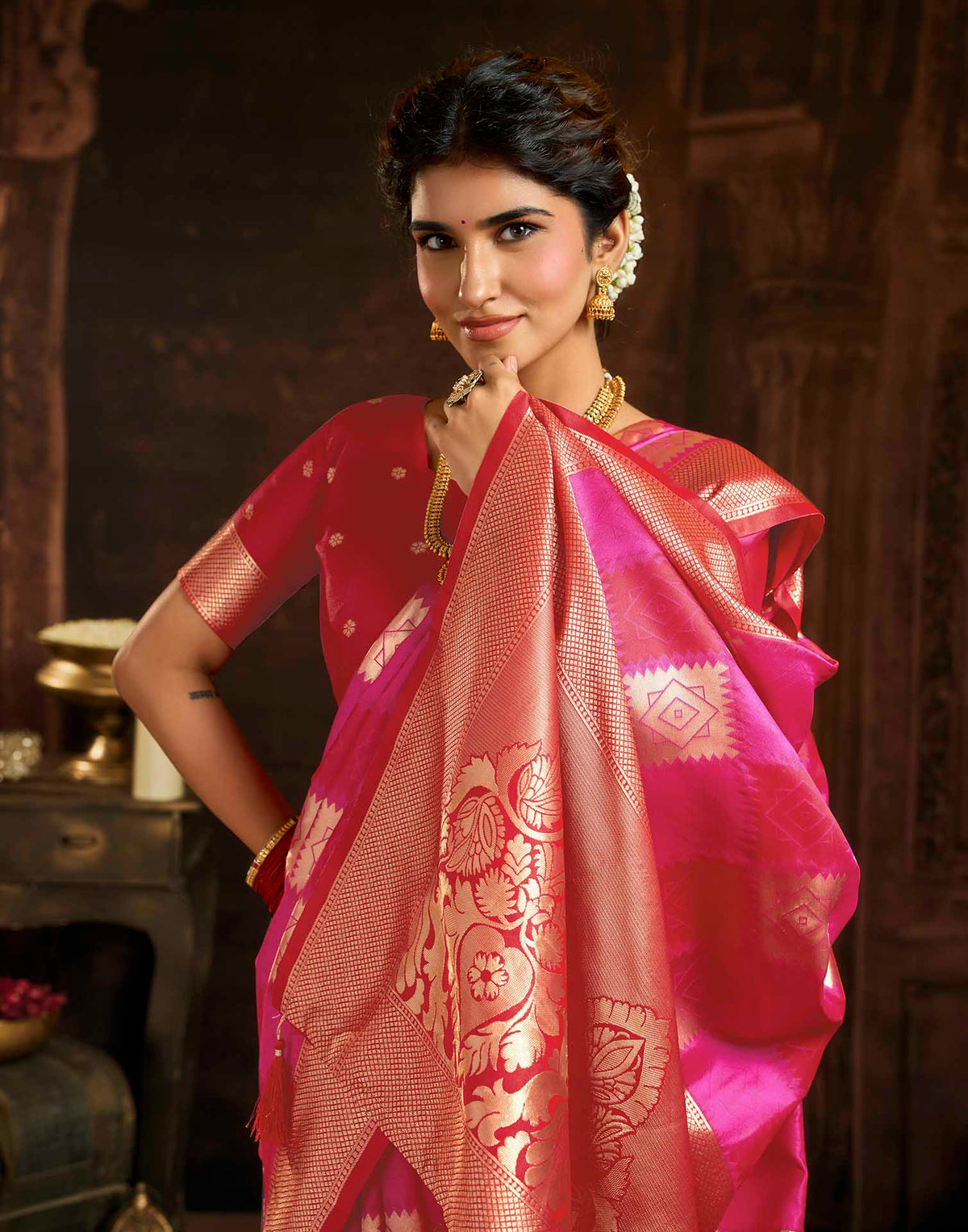 Dark Pink Silk Woven Banarasi Saree
